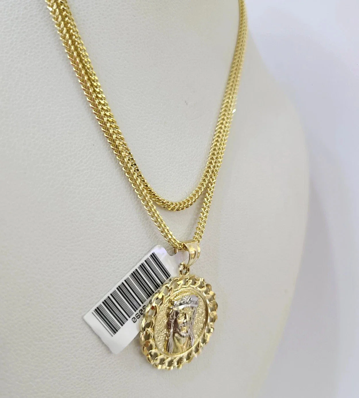 Real 10k Yellow Gold Franco Chain Jesus Head Pendant Charm 2mm Necklace - Image 4