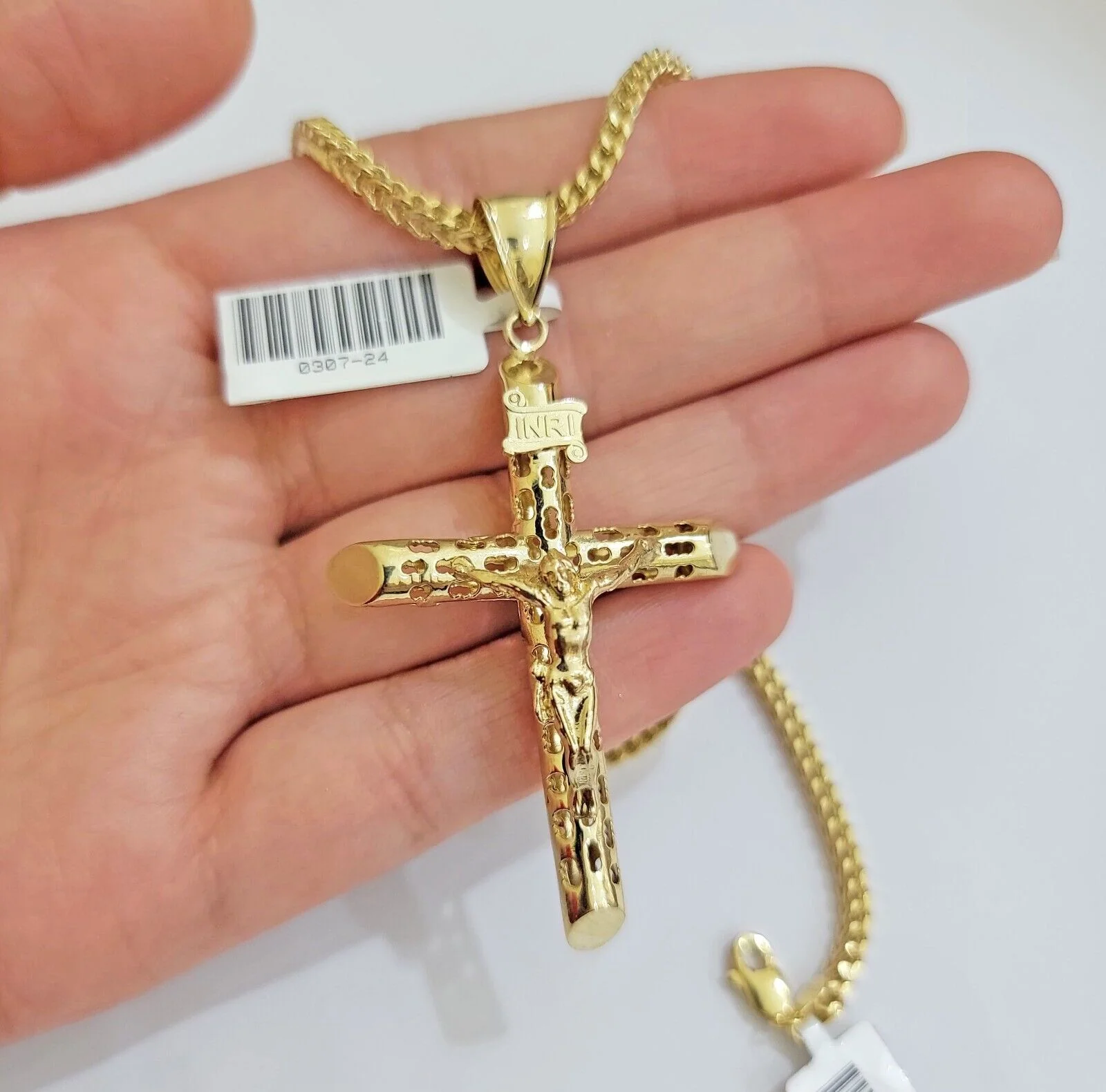 REAL 10k Yellow Gold Franco Necklace Cross Pendant Chain 24 Inch &Jesus Crucifix - Image 4