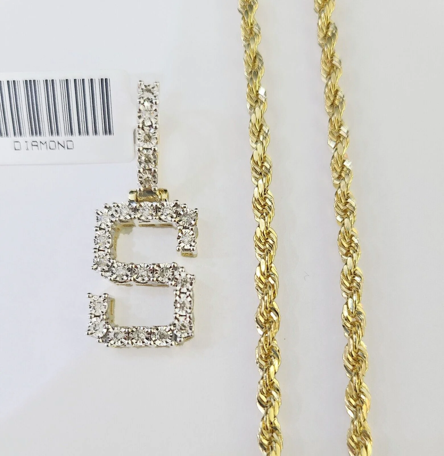 Real 10k Yellow Gold Genuine Diamond "S" Initial Pendent with 22 Inch Rope Chain - Image 2
