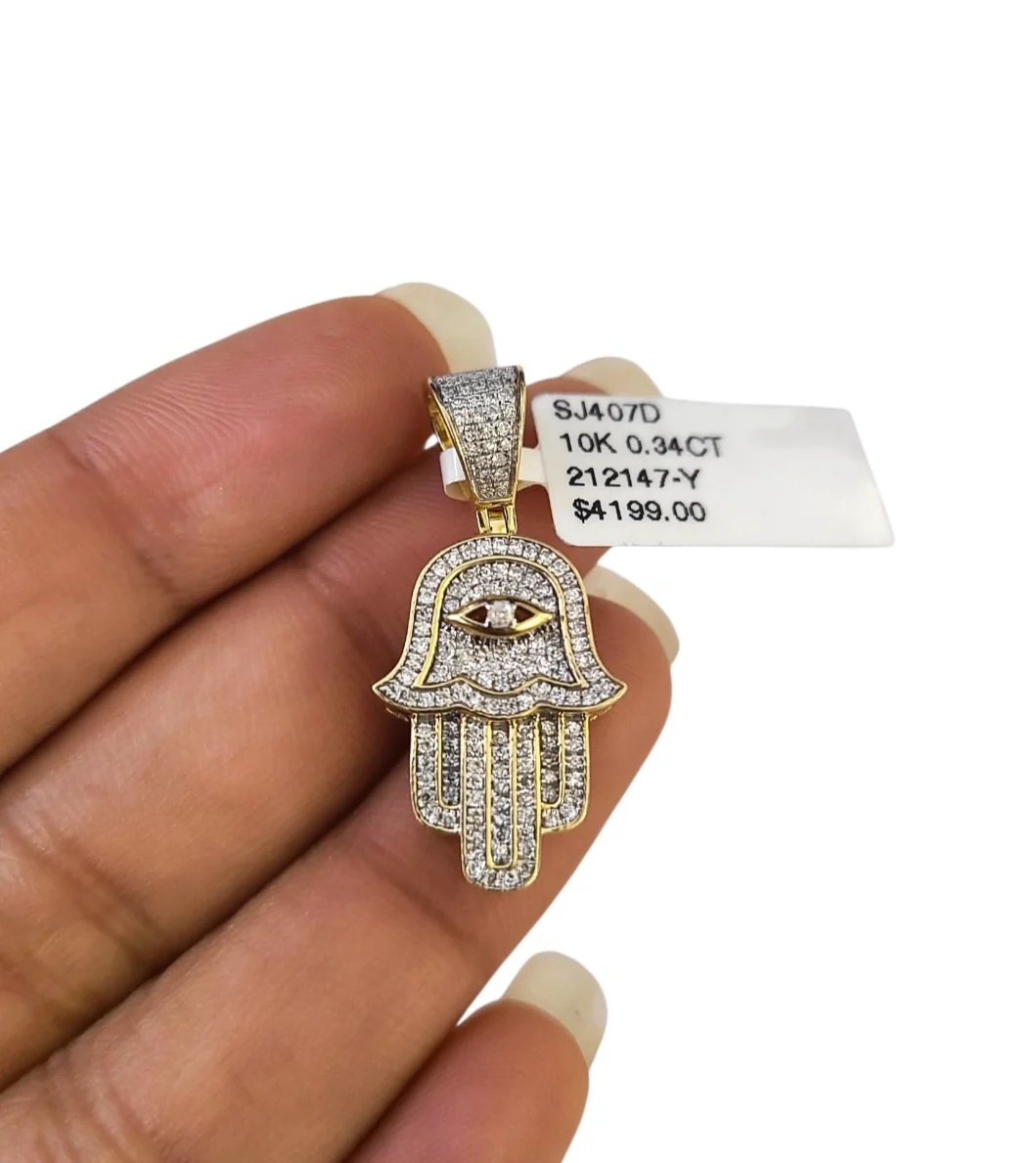 Real 10k Yellow Gold Hamsa Hand Diamond Charm Pendant 1.25'' inch Genuine 10kt - Image 3