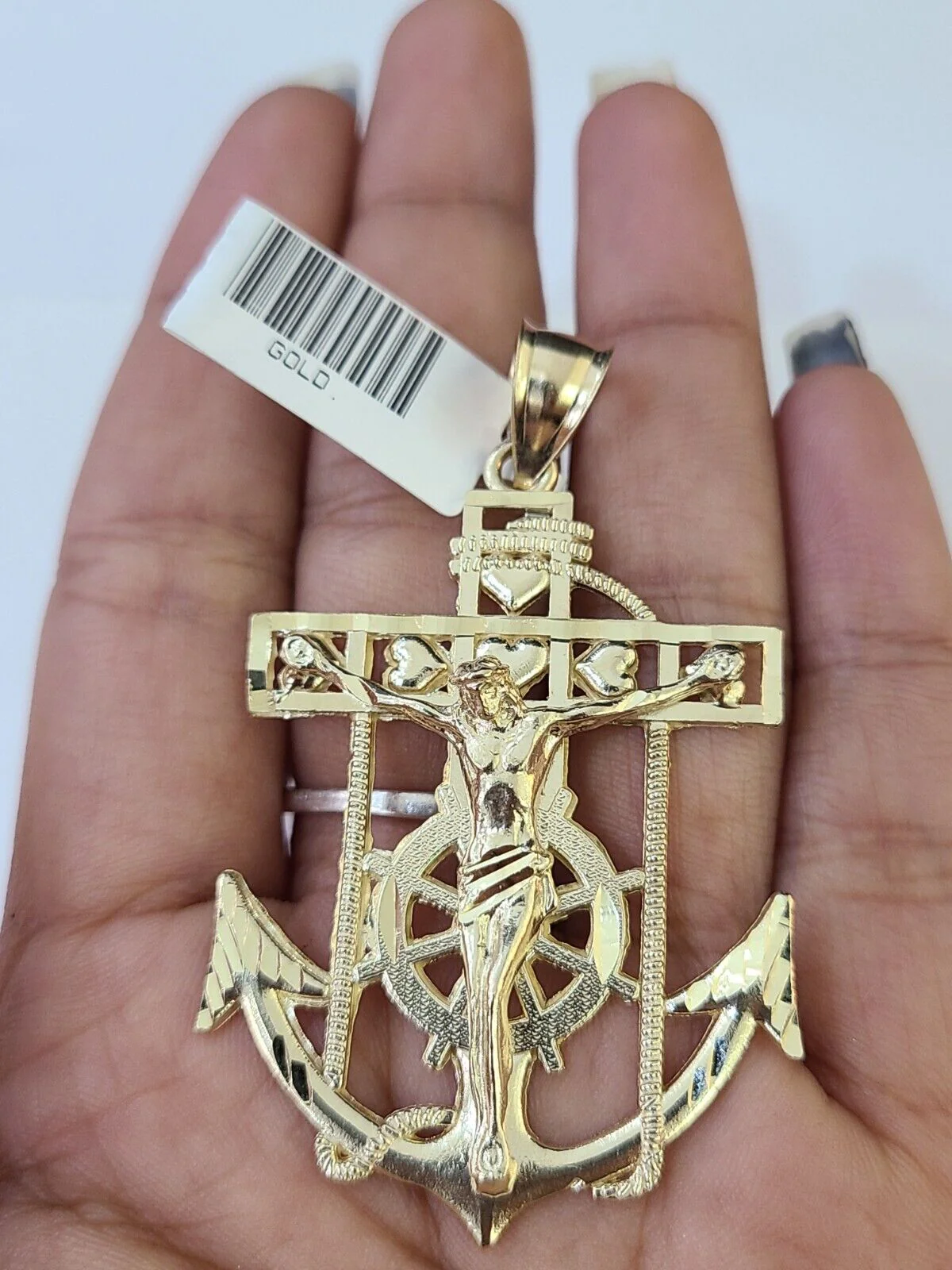 Real 10k Yellow Gold Jesus Anchor Pendant 2.5 inches Charm - Image 3