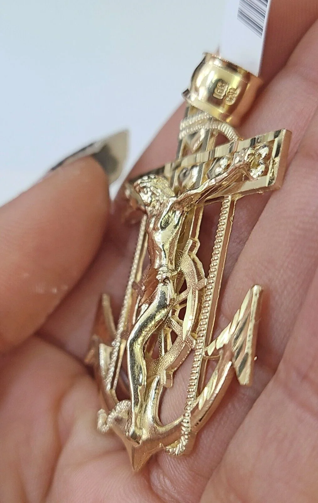 Real 10k Yellow Gold Jesus Anchor Pendant 2.5 inches Charm - Image 4