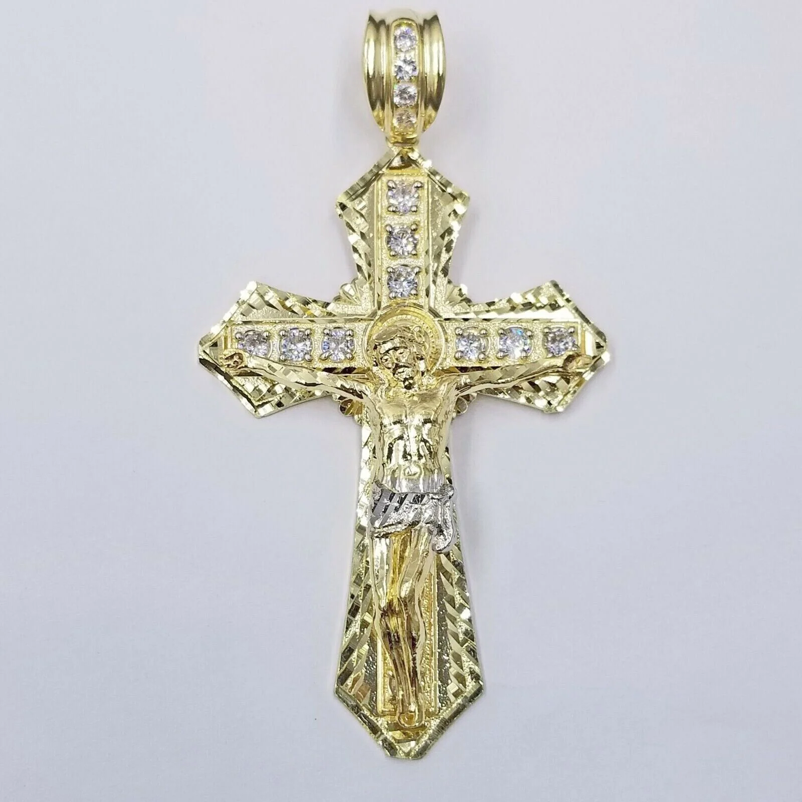 Real 10k Yellow Gold Jesus Cross Charm Men's pendant 3.75" With cubic Zirconia