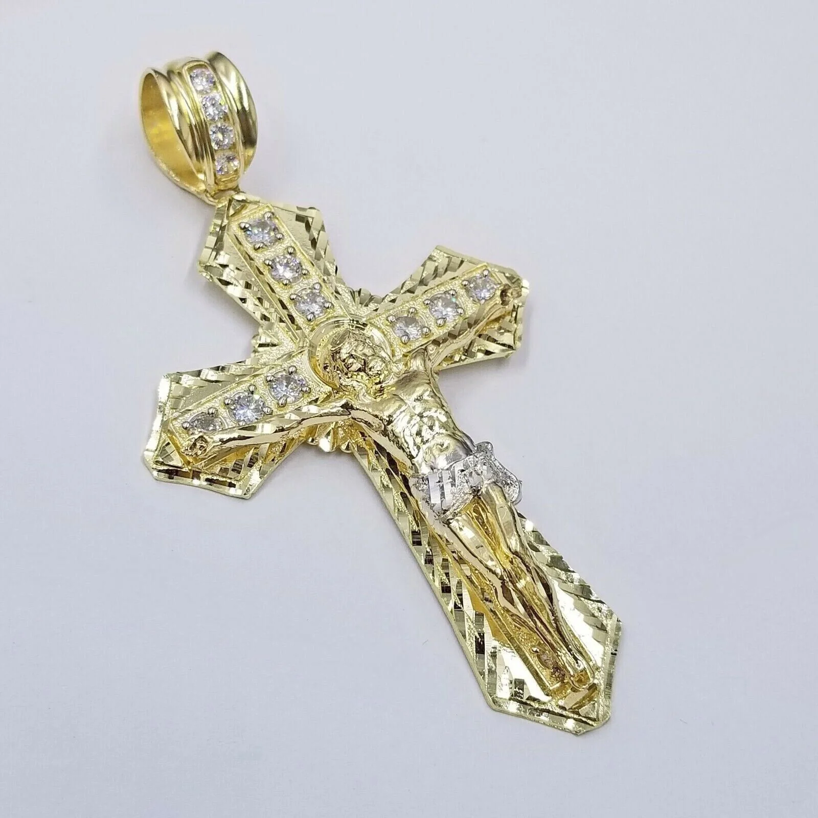 Real 10k Yellow Gold Jesus Cross Charm Men's pendant 3.75" With cubic Zirconia - Image 2