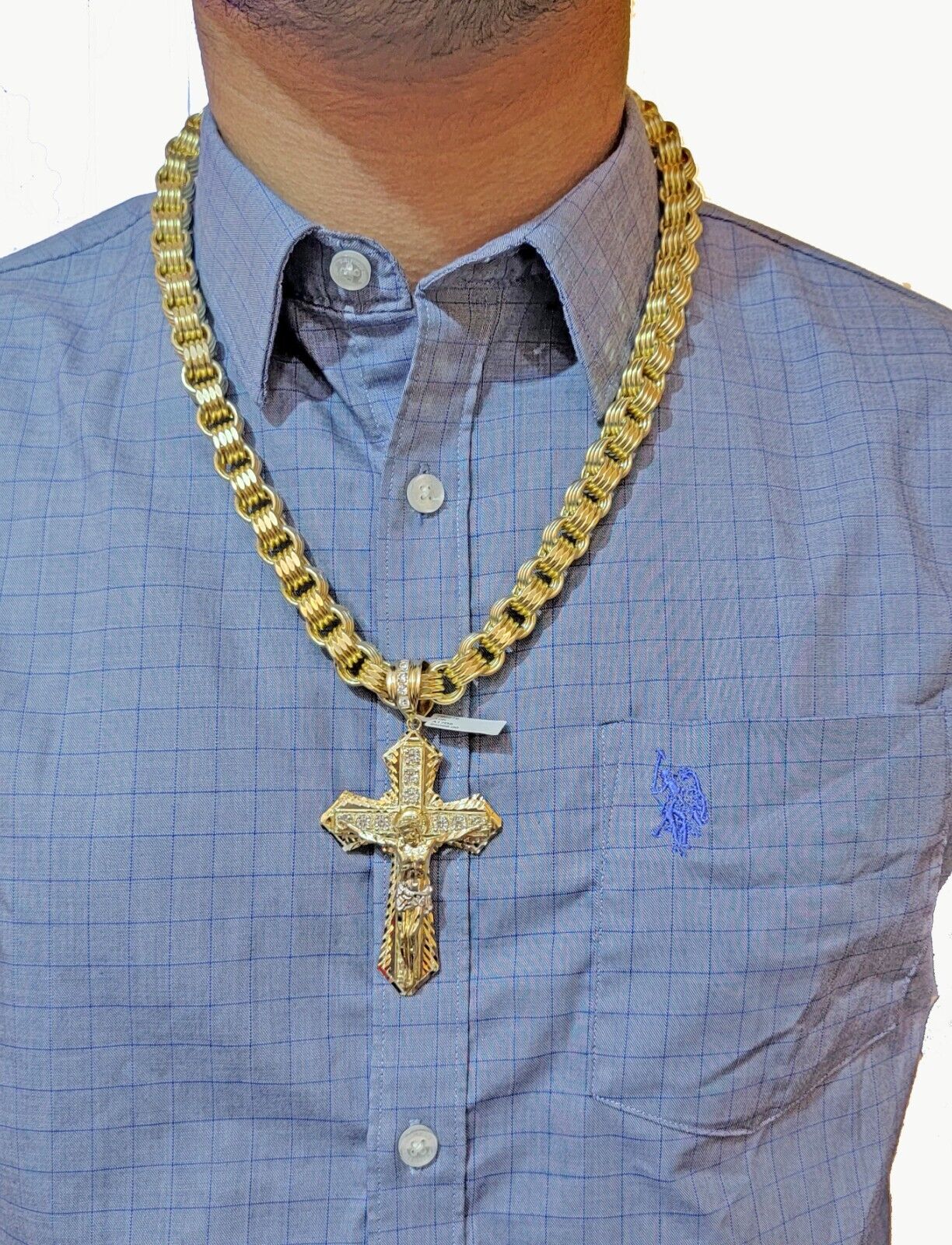 Real 10k Yellow Gold Jesus Cross Charm Men's pendant 3.75" With cubic Zirconia - Image 5