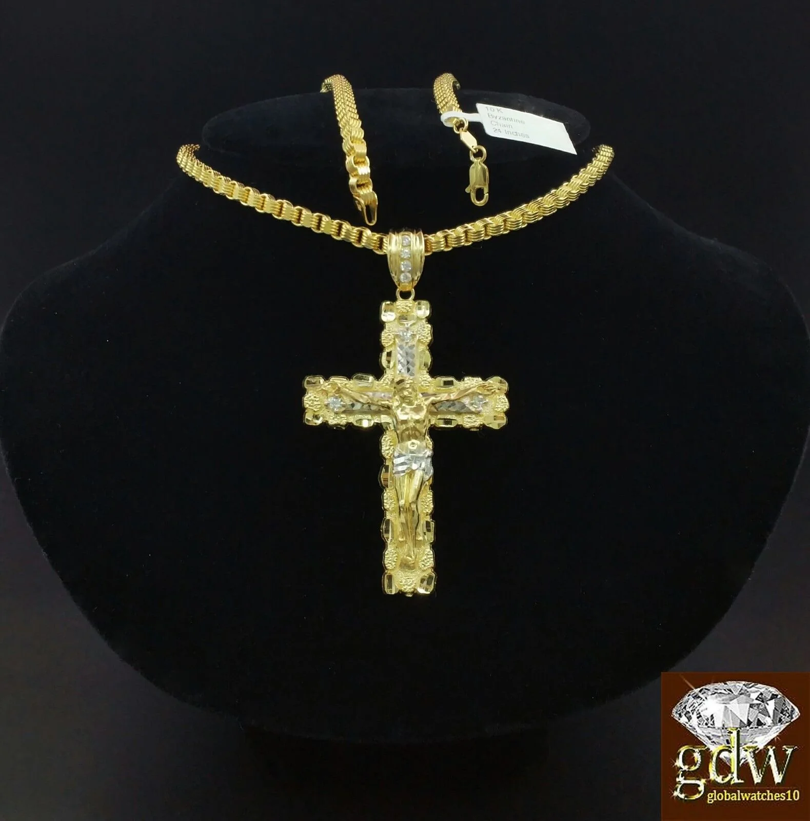 Real 10k Yellow Gold Jesus Cross Charm Pendant with 26 Inch Byzantine Chain - Image 2