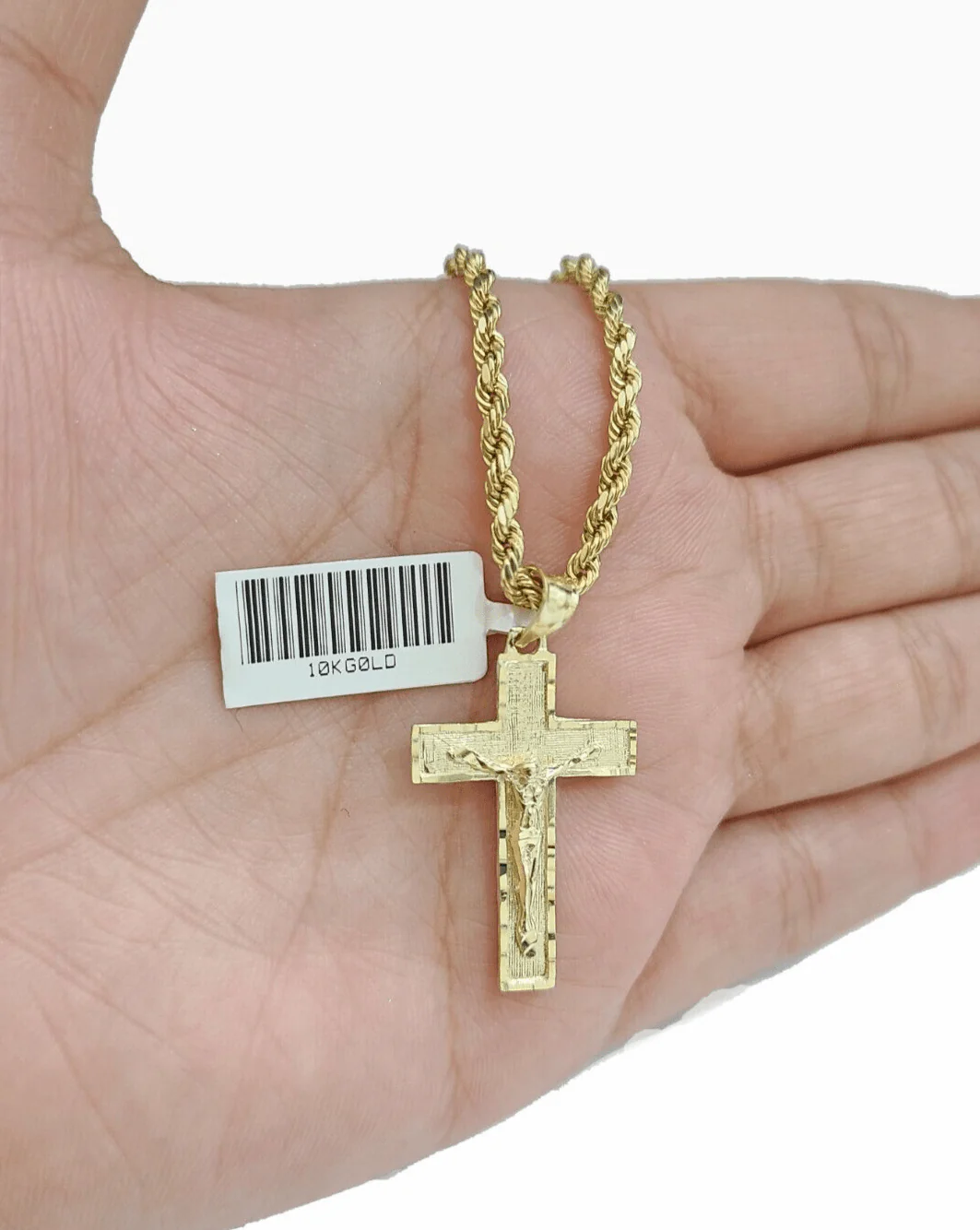 Real 10k Yellow Gold Jesus Cross Charm Rope Chain Necklace 3mm 18'' Pendant 10kt - Image 2
