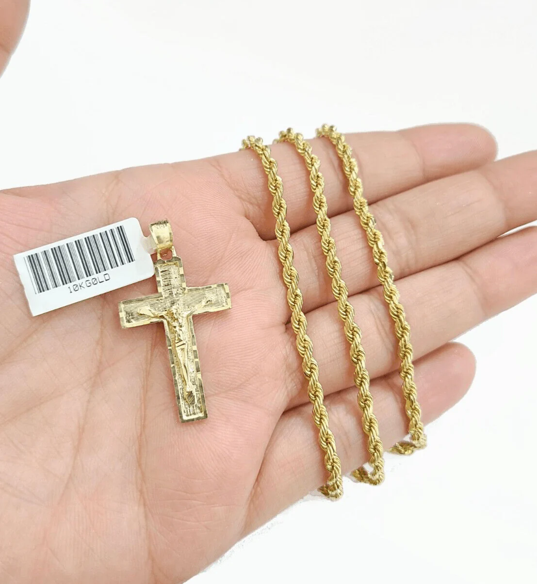 Real 10k Yellow Gold Jesus Cross Charm Rope Chain Necklace 3mm 20'' Pendant 10kt - Image 2