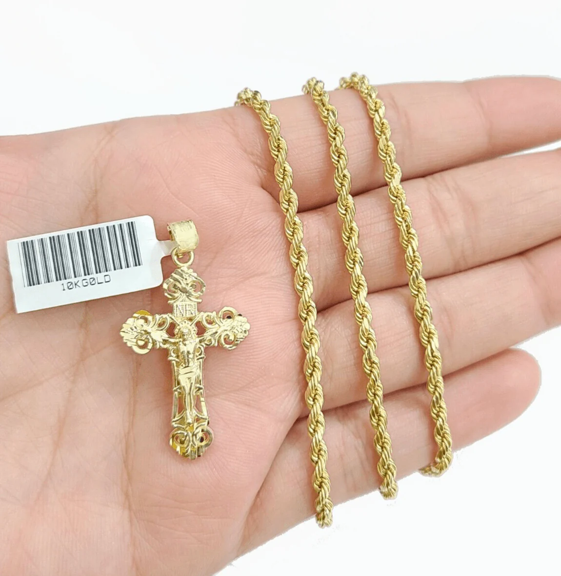 Real 10k Yellow Gold Jesus Cross Charm Rope Chain Necklace 3mm 26'' Pendant 10kt - Image 2