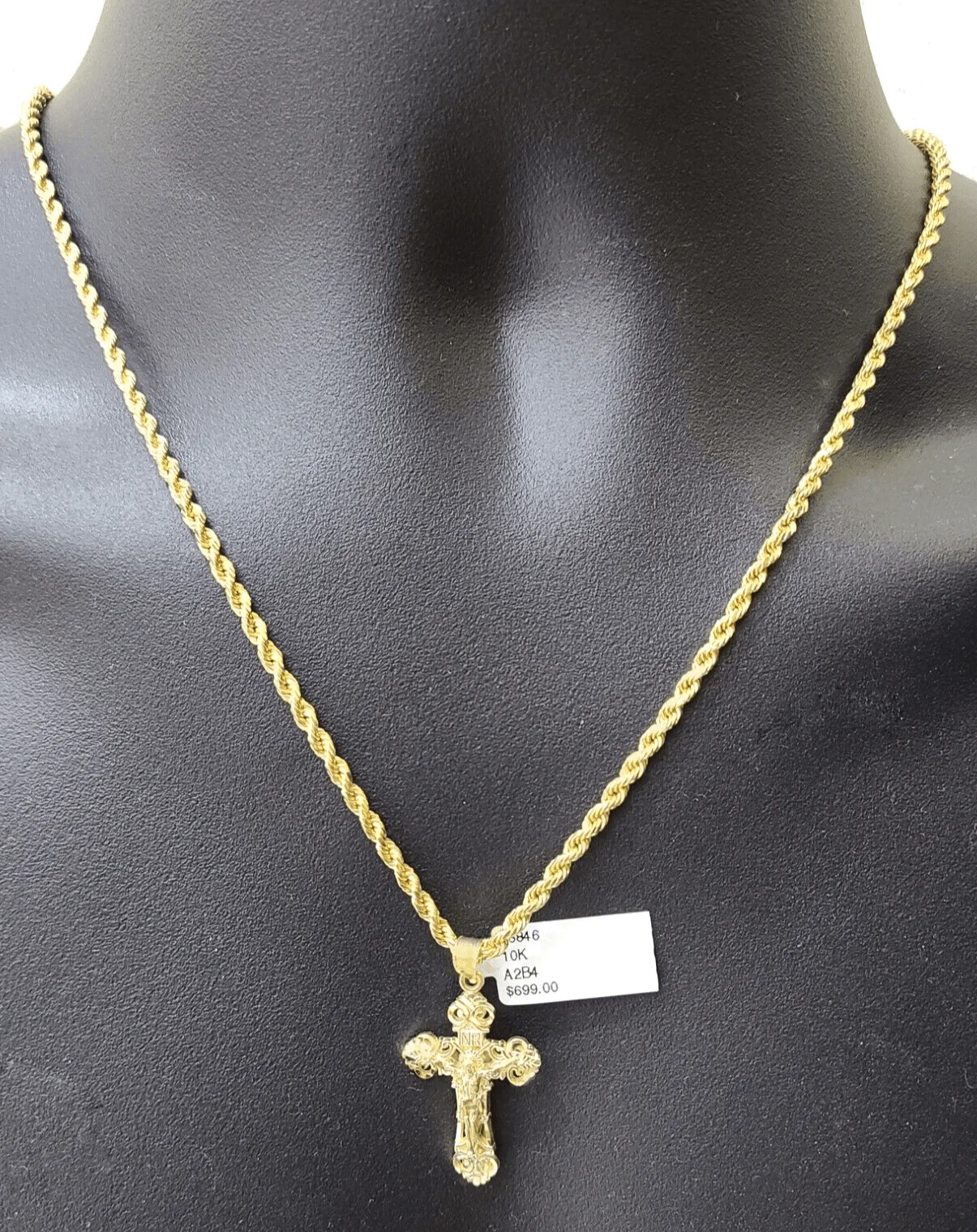 Real 10k Yellow Gold Jesus Cross Charm Rope Chain Necklace 3mm 26'' Pendant 10kt - Image 3