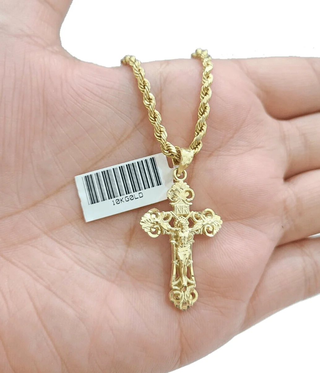 Real 10k Yellow Gold Jesus Cross Charm Rope Chain Necklace 3mm 28'' Pendant 10kt - Image 3
