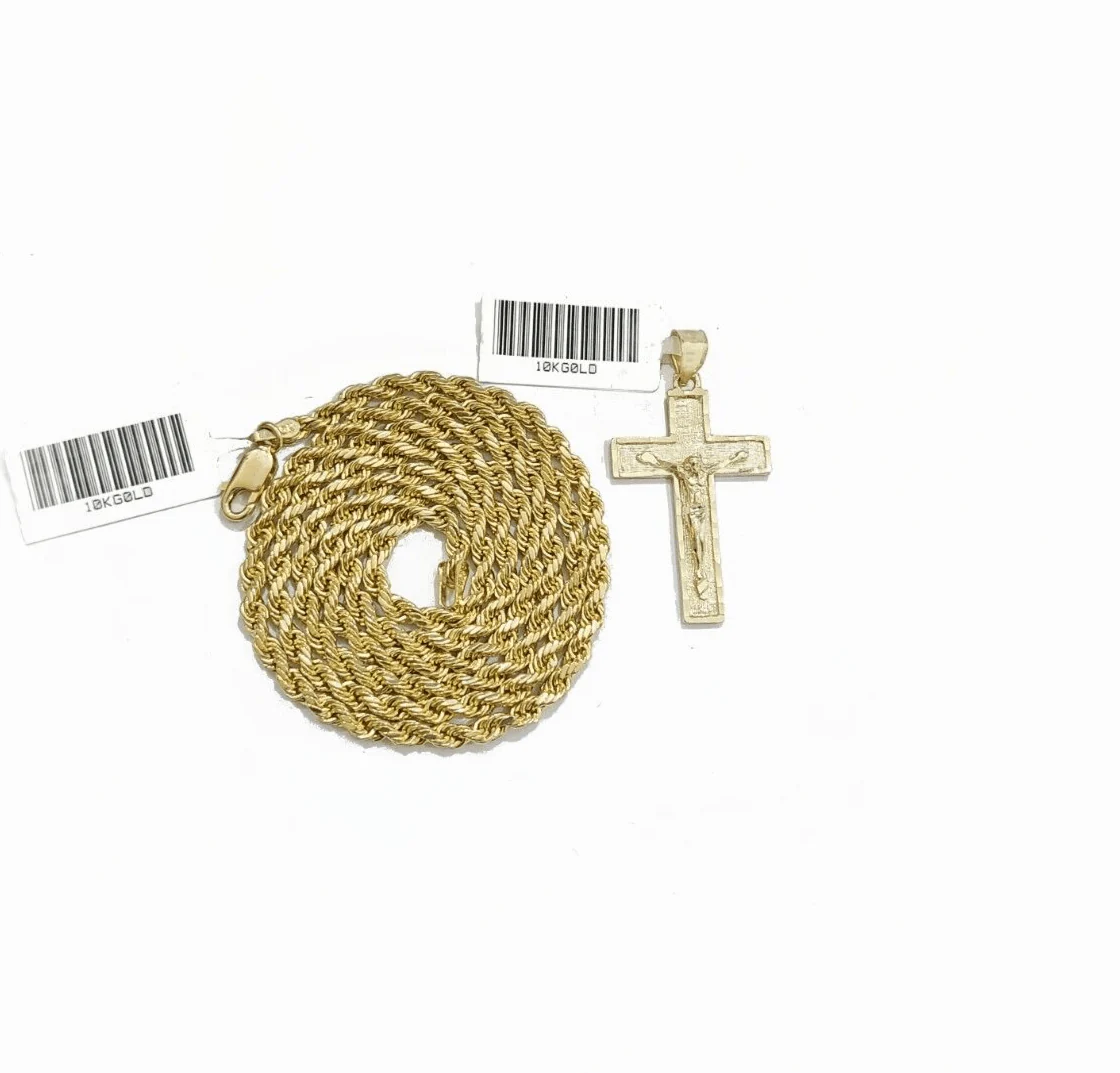 Real 10k Yellow Gold Jesus Cross Charm Rope Chain Necklace 3mm 28'' Pendant 10kt - Image 3