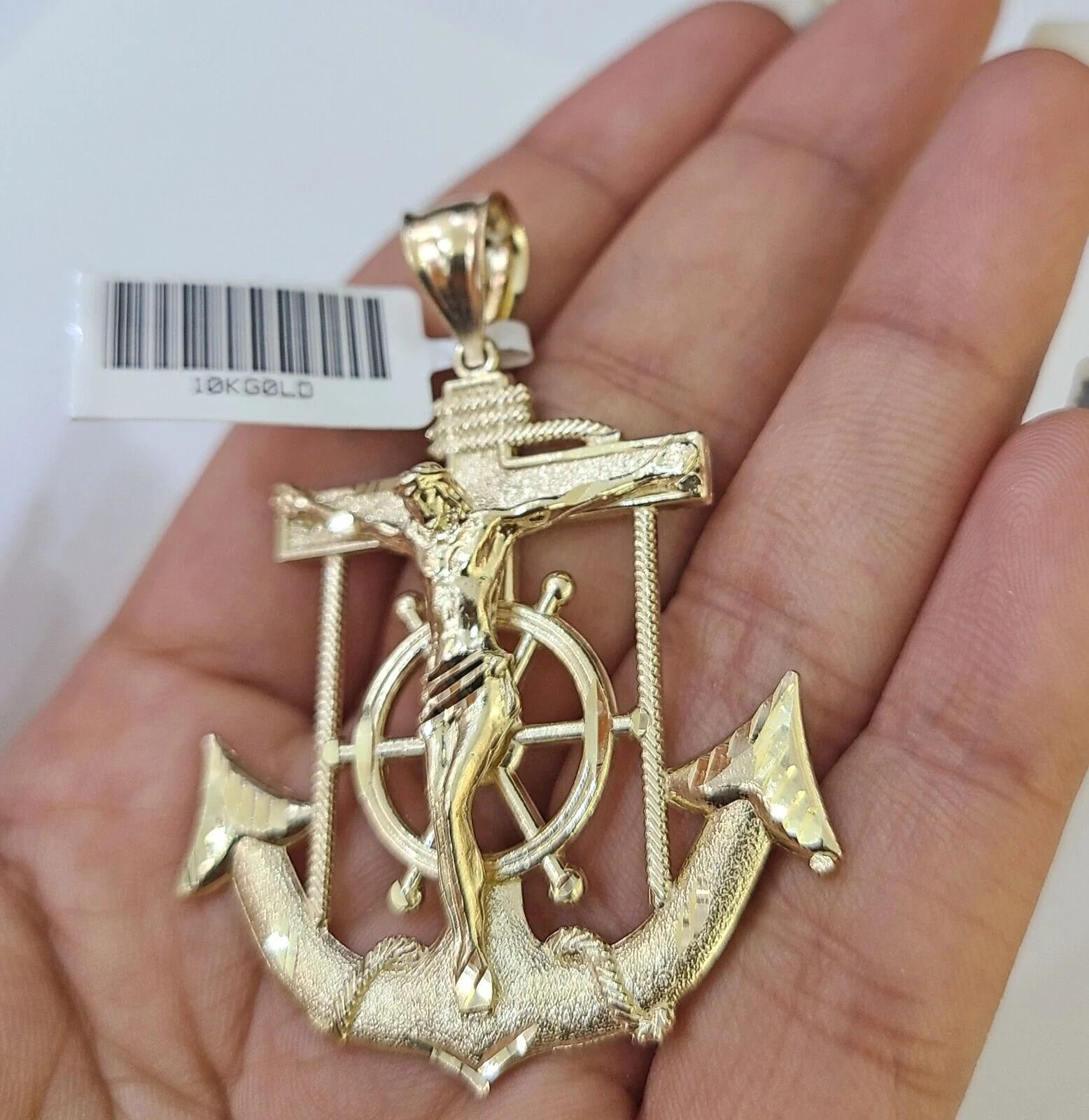 Real 10k Yellow Gold Jesus Crucifix Anchor Pendant 2.5 inches Charm - Image 3