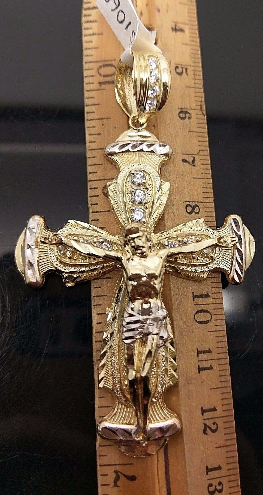 Real 10k Yellow Gold Jesus Crucifix Cross Charm Diamond Cut Pendant - Image 6