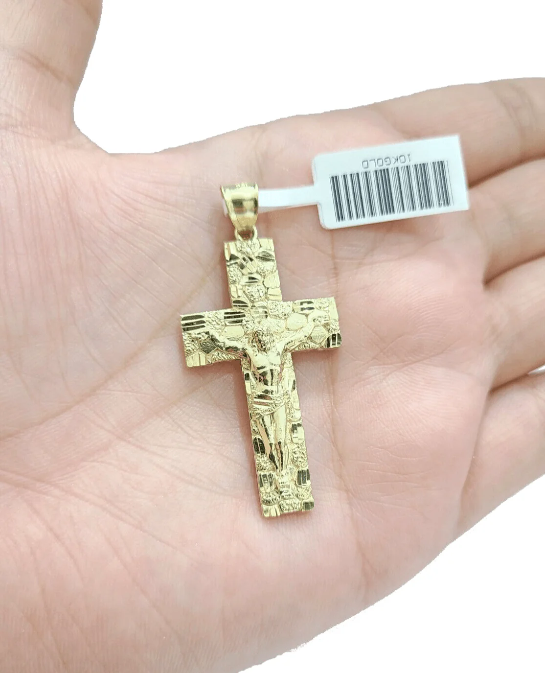 Real 10k Yellow Gold Jesus Crucifix Nugget Cross Charm Pendant 1.8'' inches 10kt