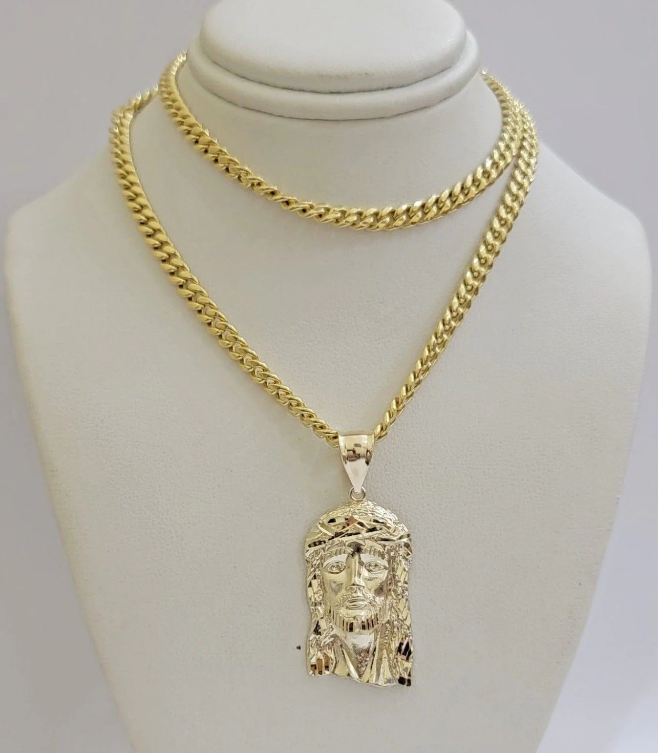 Real 10k Yellow Gold Jesus Head Charm Pendant & Miami Cuban Link Chain Necklace - Image 3