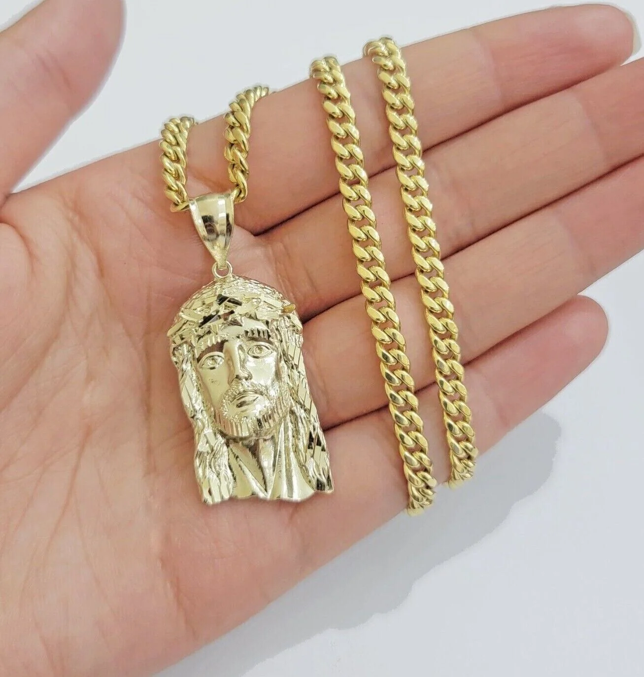 Real 10k Yellow Gold Jesus Head Charm Pendant & Miami Cuban Link Chain Necklace - Image 4