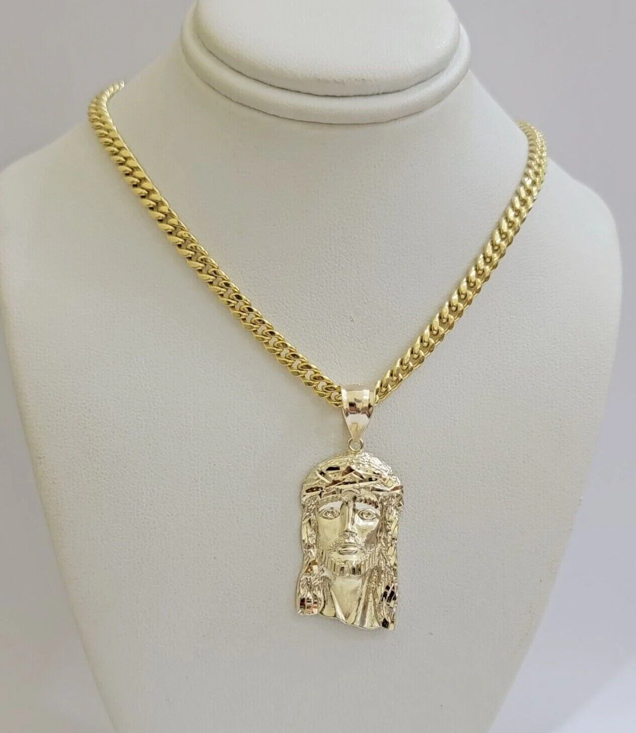 Real 10k Yellow Gold Jesus Head Charm Pendant & Miami Cuban Link Chain Necklace - Image 6