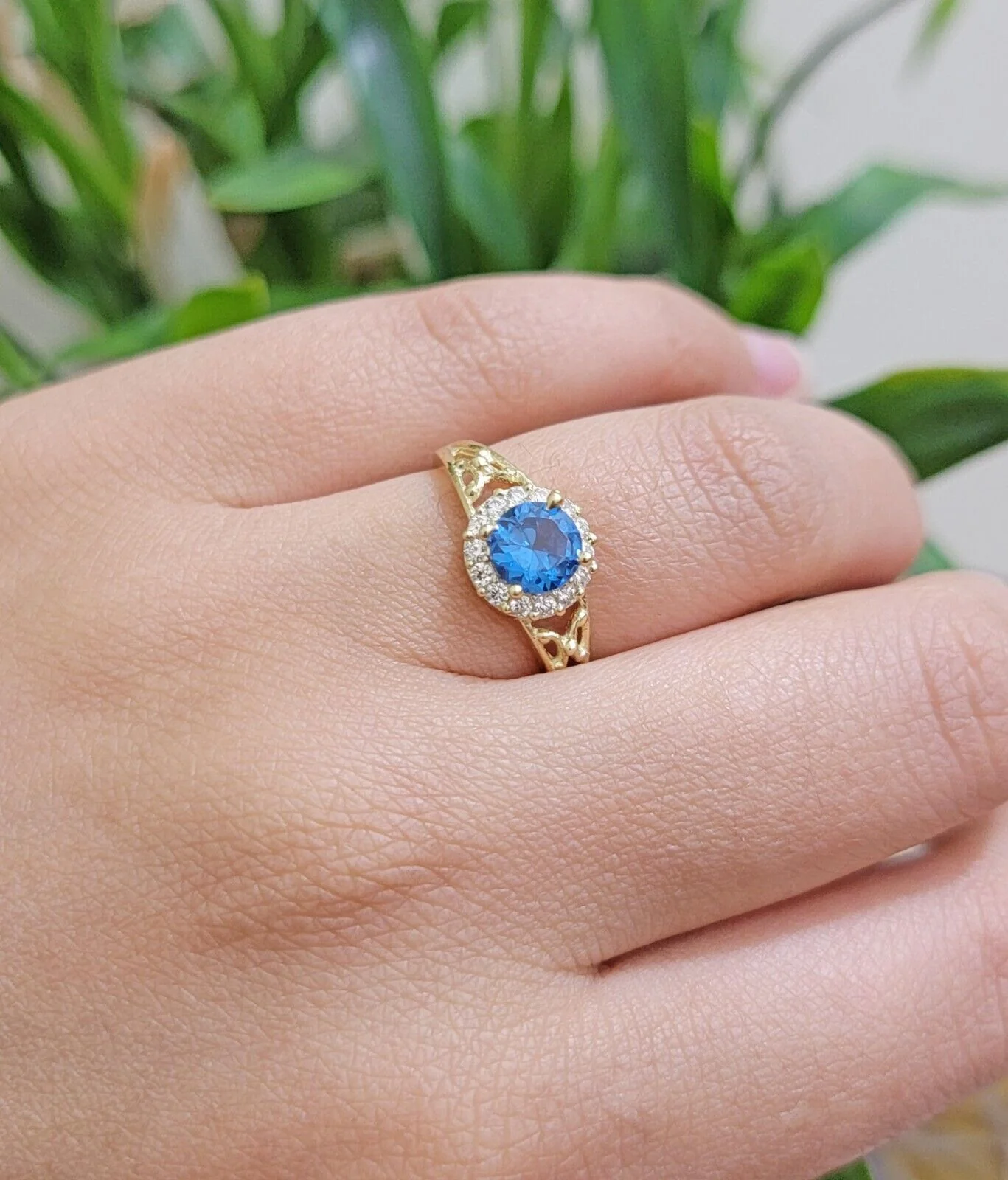 Real 10k Yellow Gold Ladies earring ring & pendant Blue heart Sapphire set ,10KT All Sizes - Image 3
