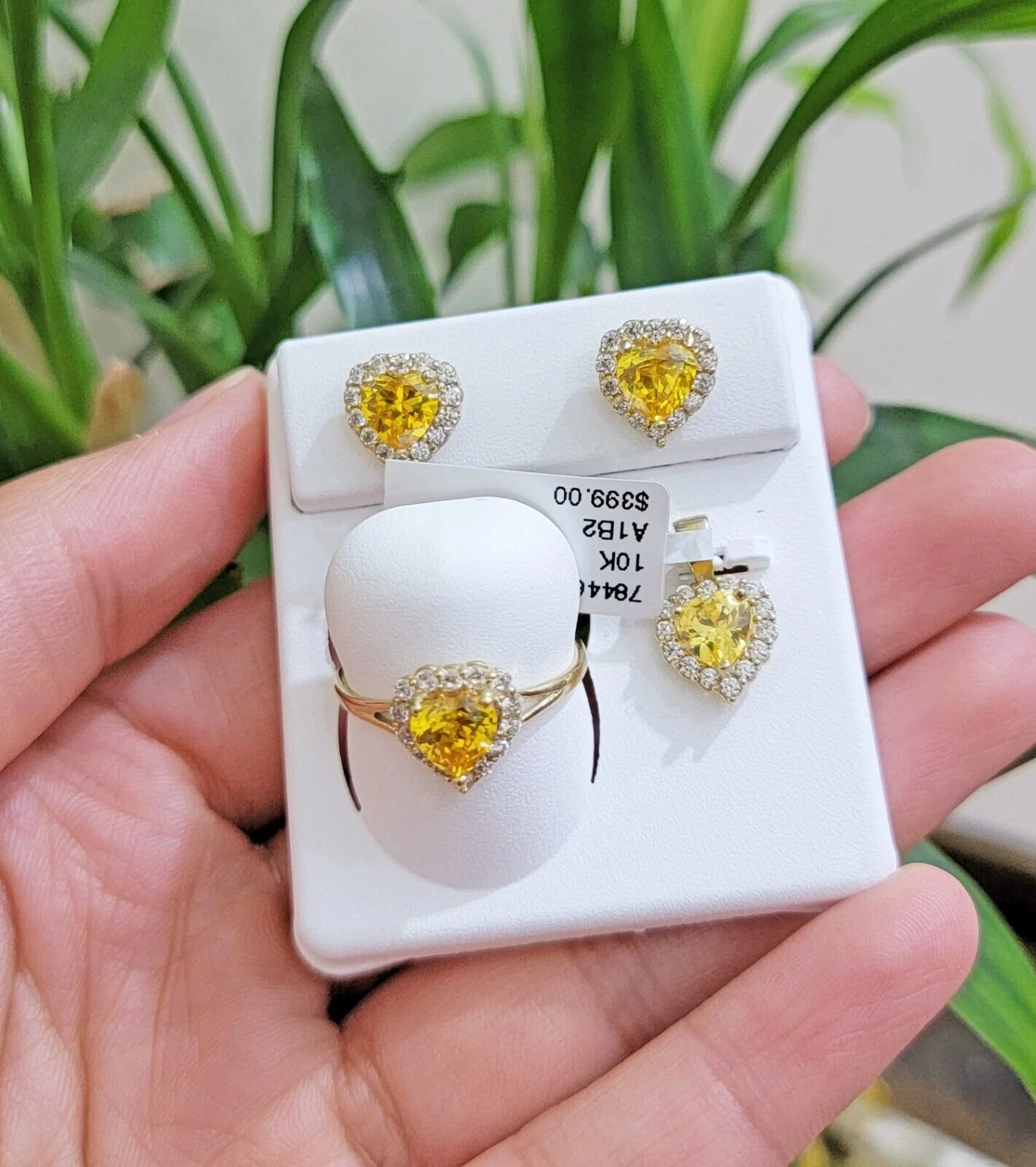 Real 10k Yellow Gold Ladies earring ring & pendant Yellow heart Citrine set 10KT All Sizes - Image 4