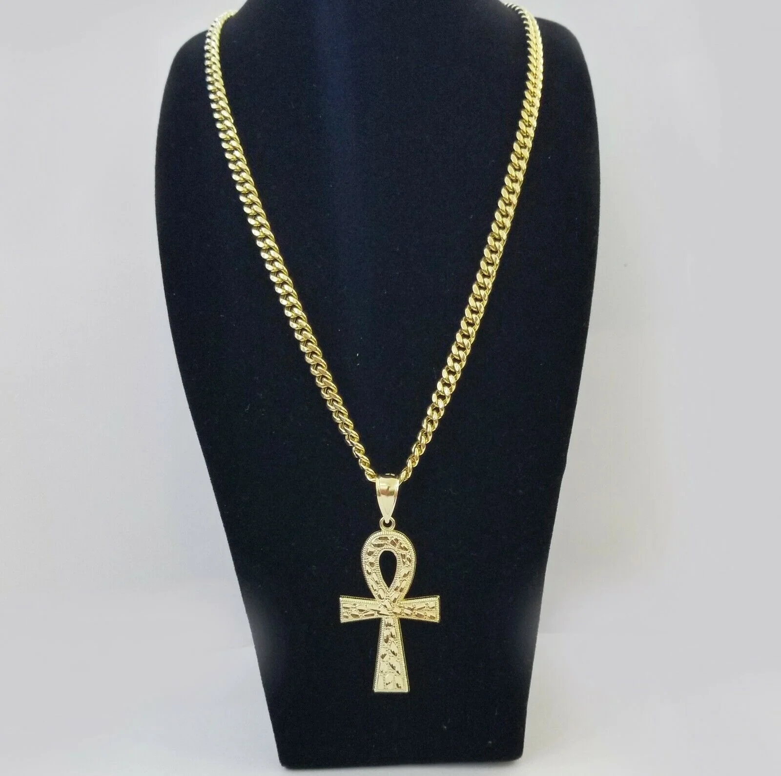 Real 10k Yellow Gold Men Ankh Cross Charm 20" Inch 6mm Miami Cuban Chain - Image 2