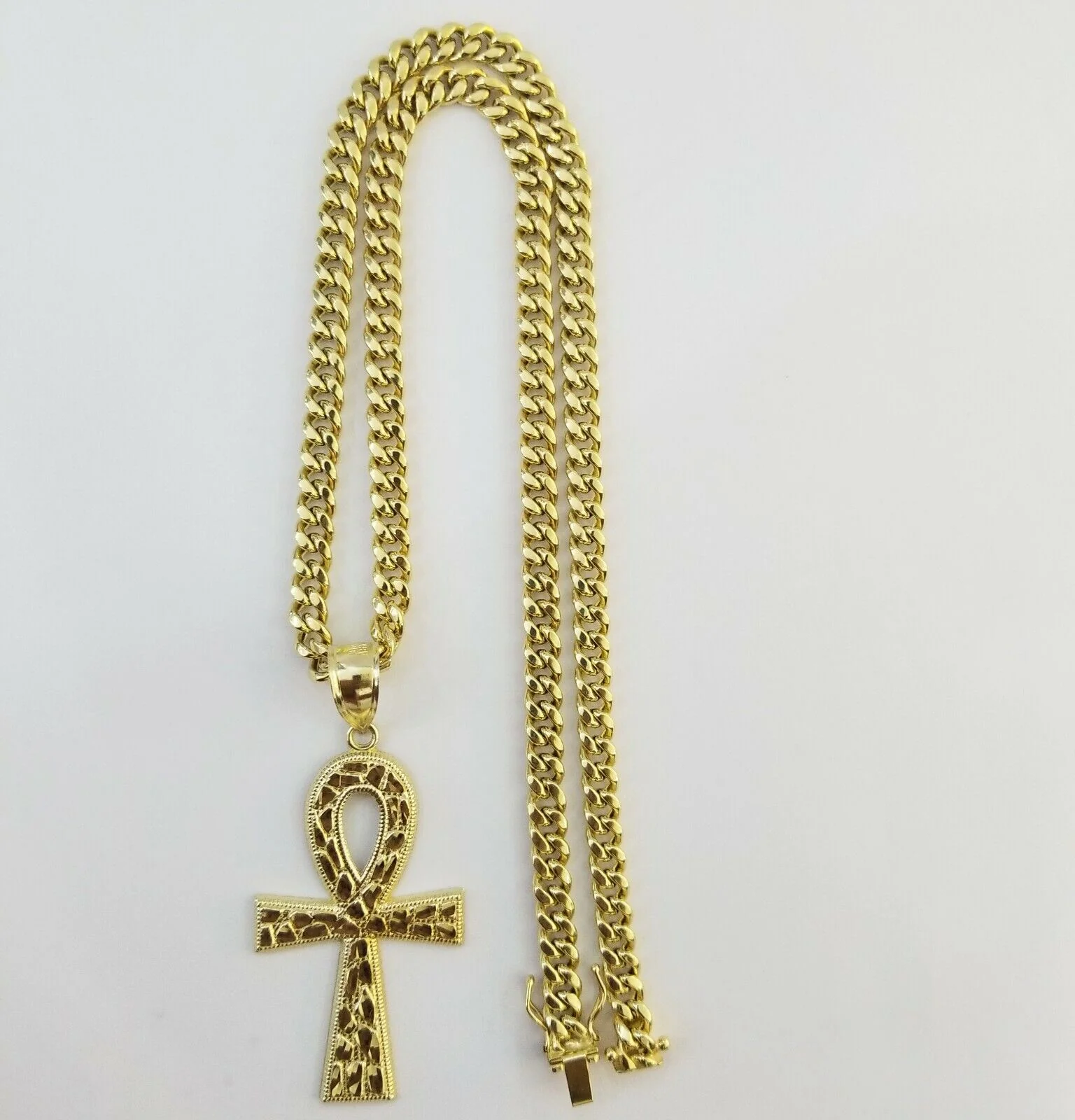 Real 10k Yellow Gold Men Ankh Cross Charm 20" Inch 6mm Miami Cuban Chain - Image 3