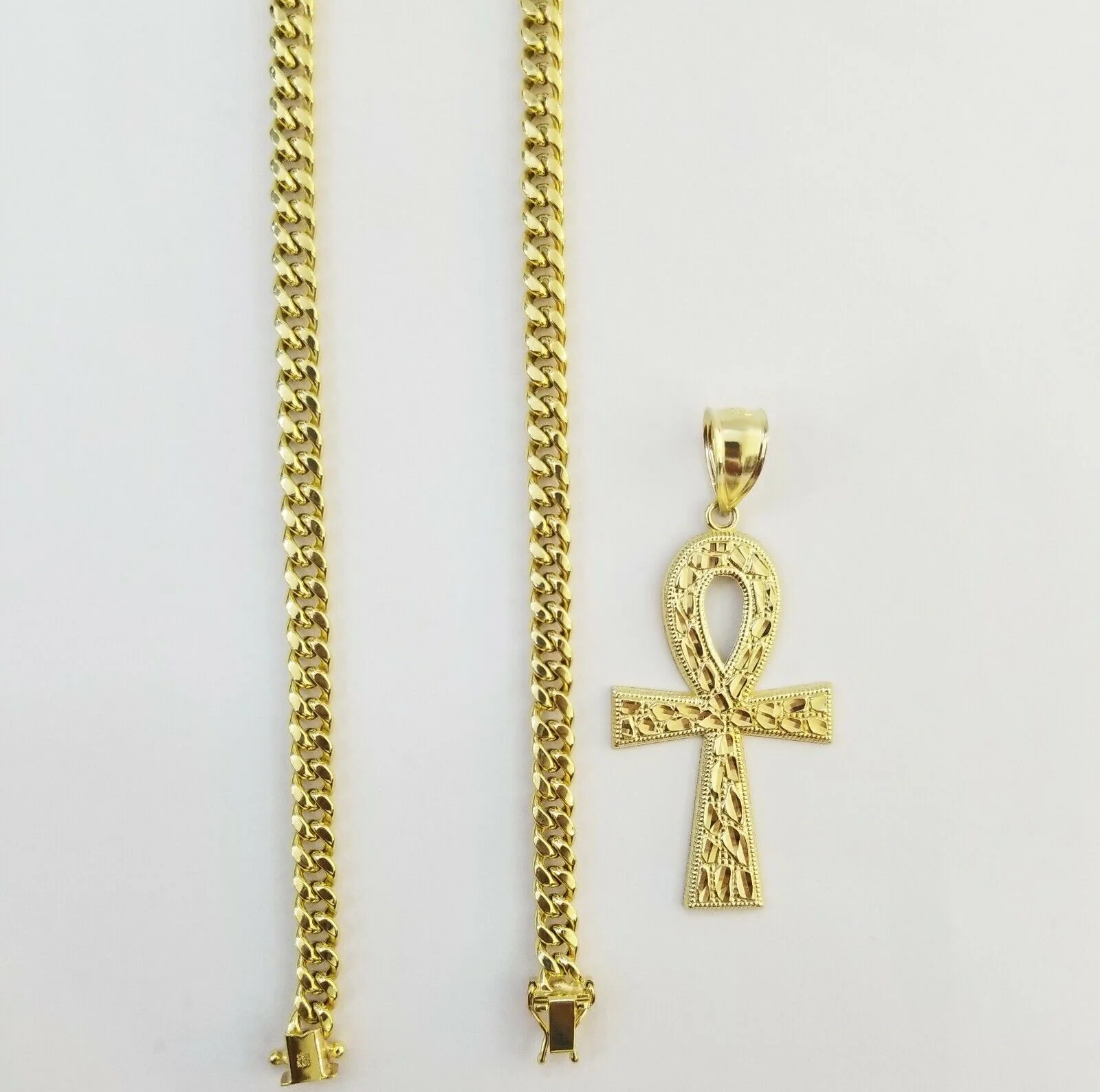 Real 10k Yellow Gold Men Ankh Cross Charm 20" Inch 6mm Miami Cuban Chain - Image 5