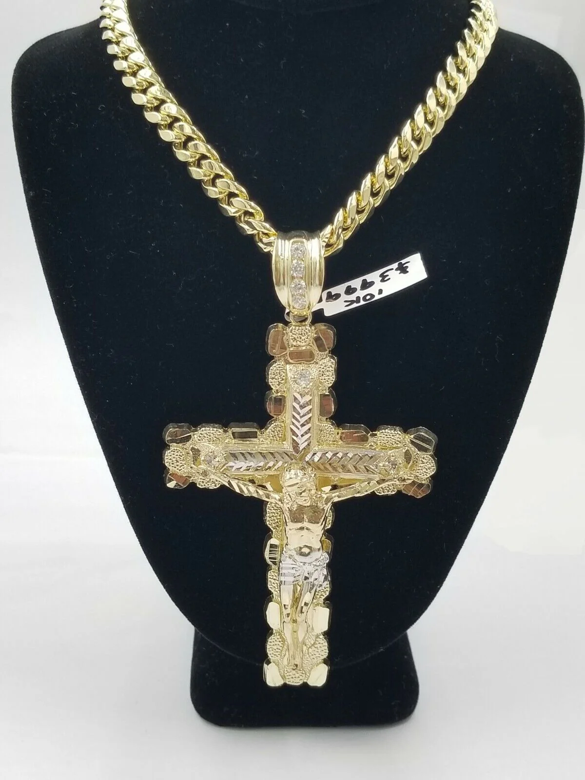 Real 10k Yellow Gold Men Jesus Cross Charm with Miami Cuban Chain Diamond Cut - Image 6