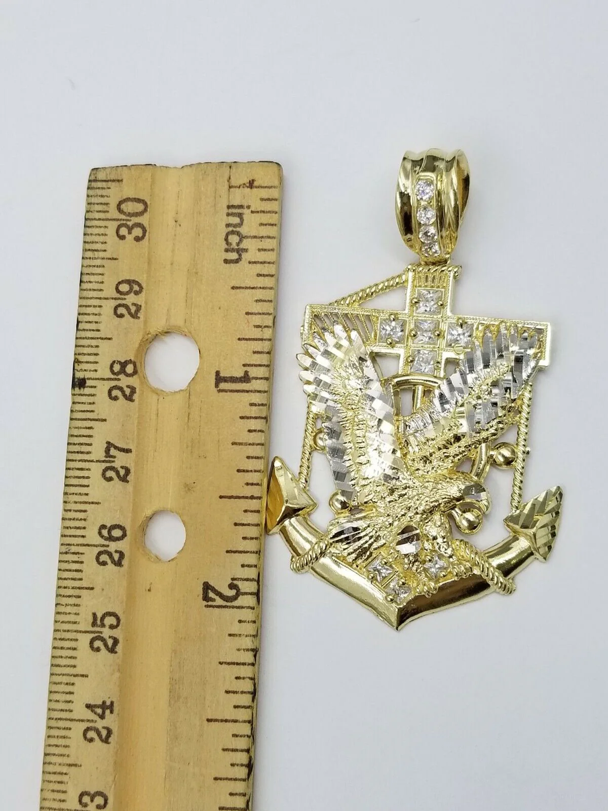 Real 10k Yellow Gold Miami Cuban Chain 24" American Eagle Anchor Charm Pendant - Image 3
