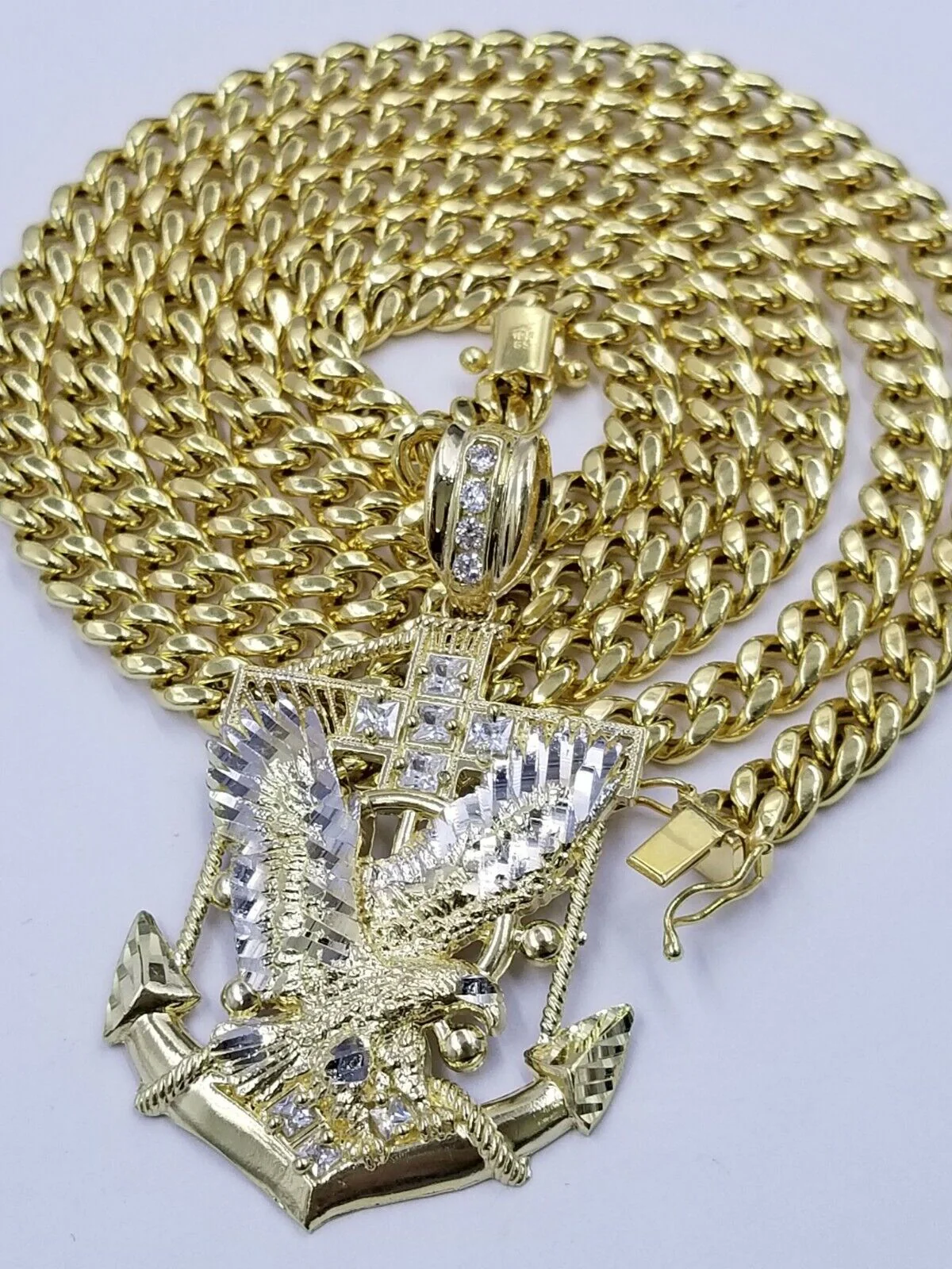Real 10k Yellow Gold Miami Cuban Chain 24" American Eagle Anchor Charm Pendant - Image 4
