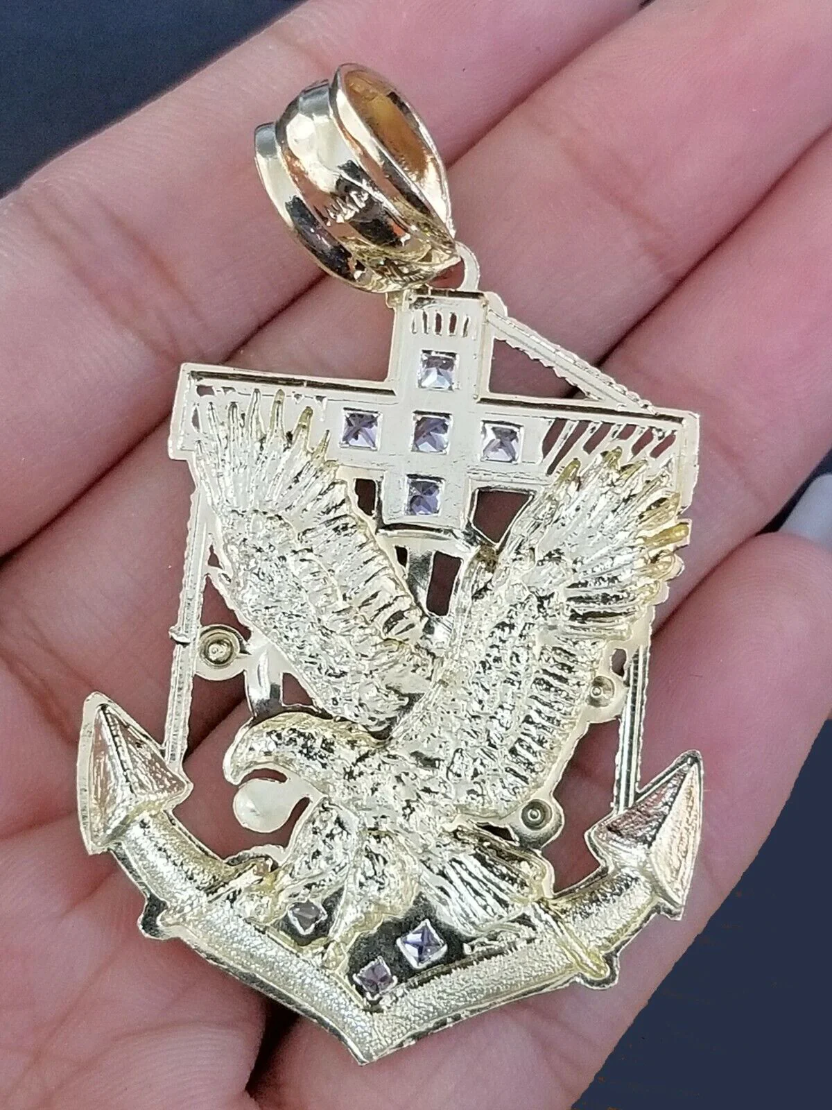 Real 10k Yellow Gold Miami Cuban Chain 24" American Eagle Anchor Charm Pendant - Image 5