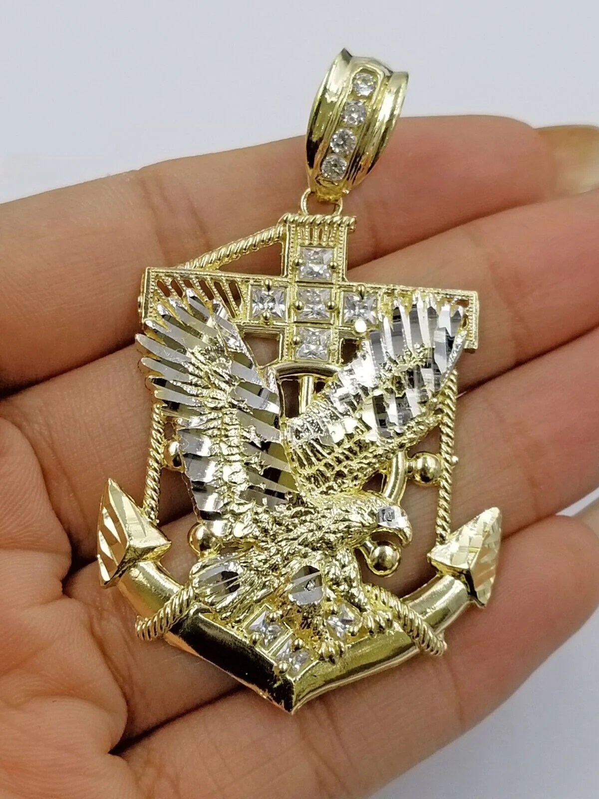 Real 10k Yellow Gold Miami Cuban Chain 24" American Eagle Anchor Charm Pendant - Image 6