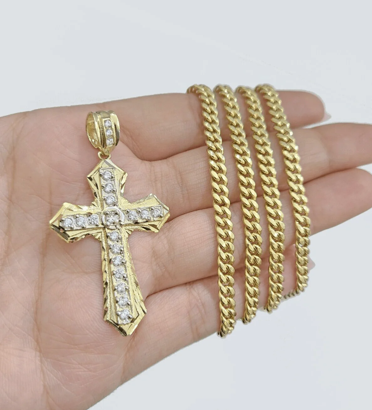 Real 10k Yellow Gold Miami Cuban Chain 5mm 22" inch Necklace Jesus Cross Charm - Image 2