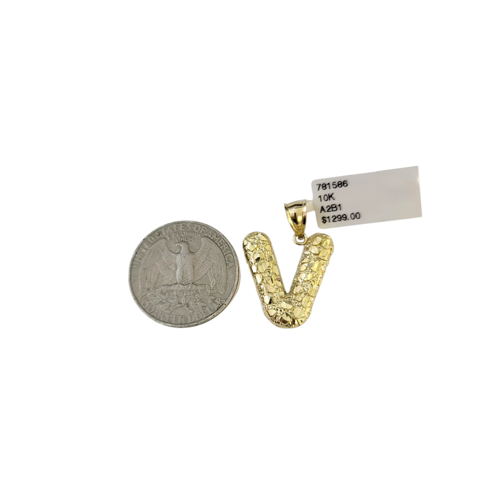 Real 10k Yellow Gold Nugget V Initial Alphabet Charm Pendant 10KT - Image 2