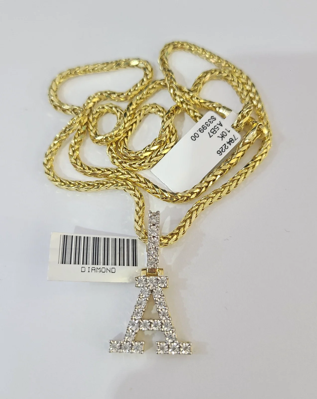 REAL 10k Yellow Gold Palm Chain A Diamond Initial Pendant Charm 3mm SET Necklace - Image 5