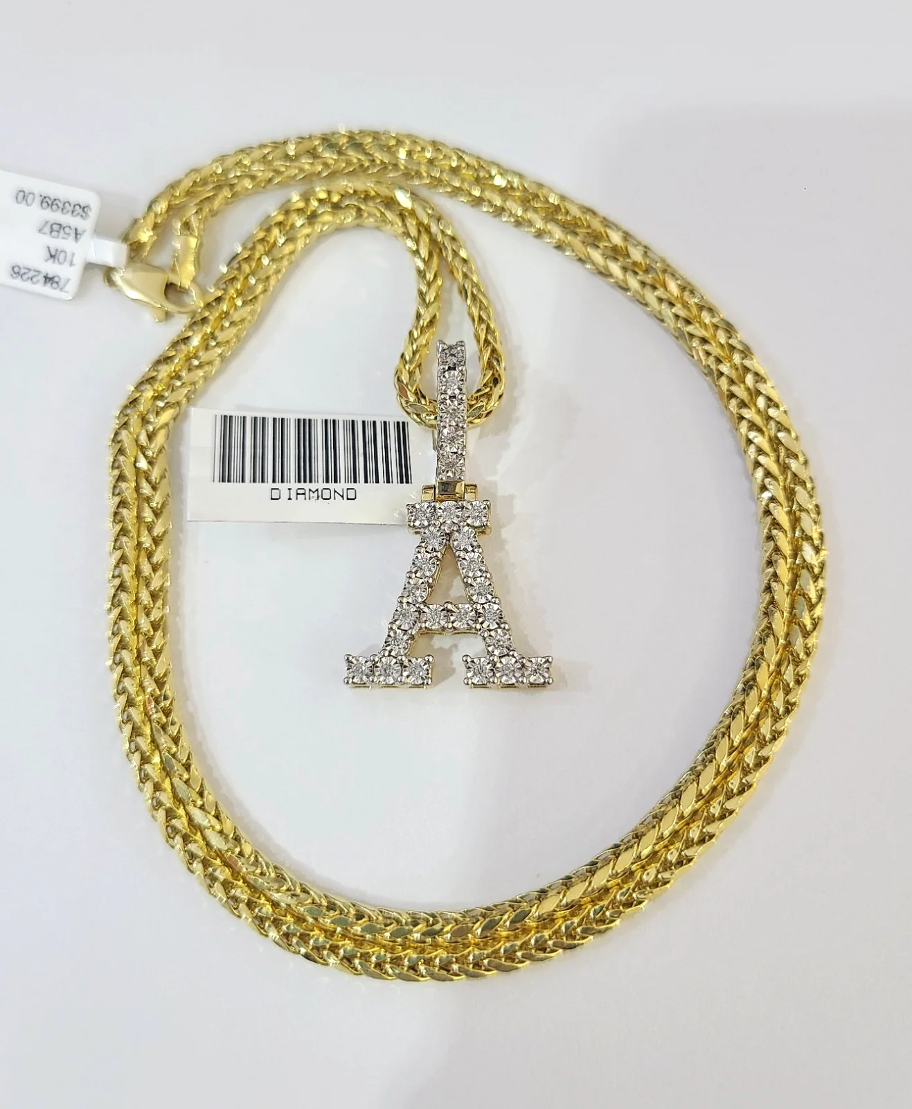 REAL 10k Yellow Gold Palm Chain A Diamond Initial Pendant Charm 3mm SET Necklace - Image 6
