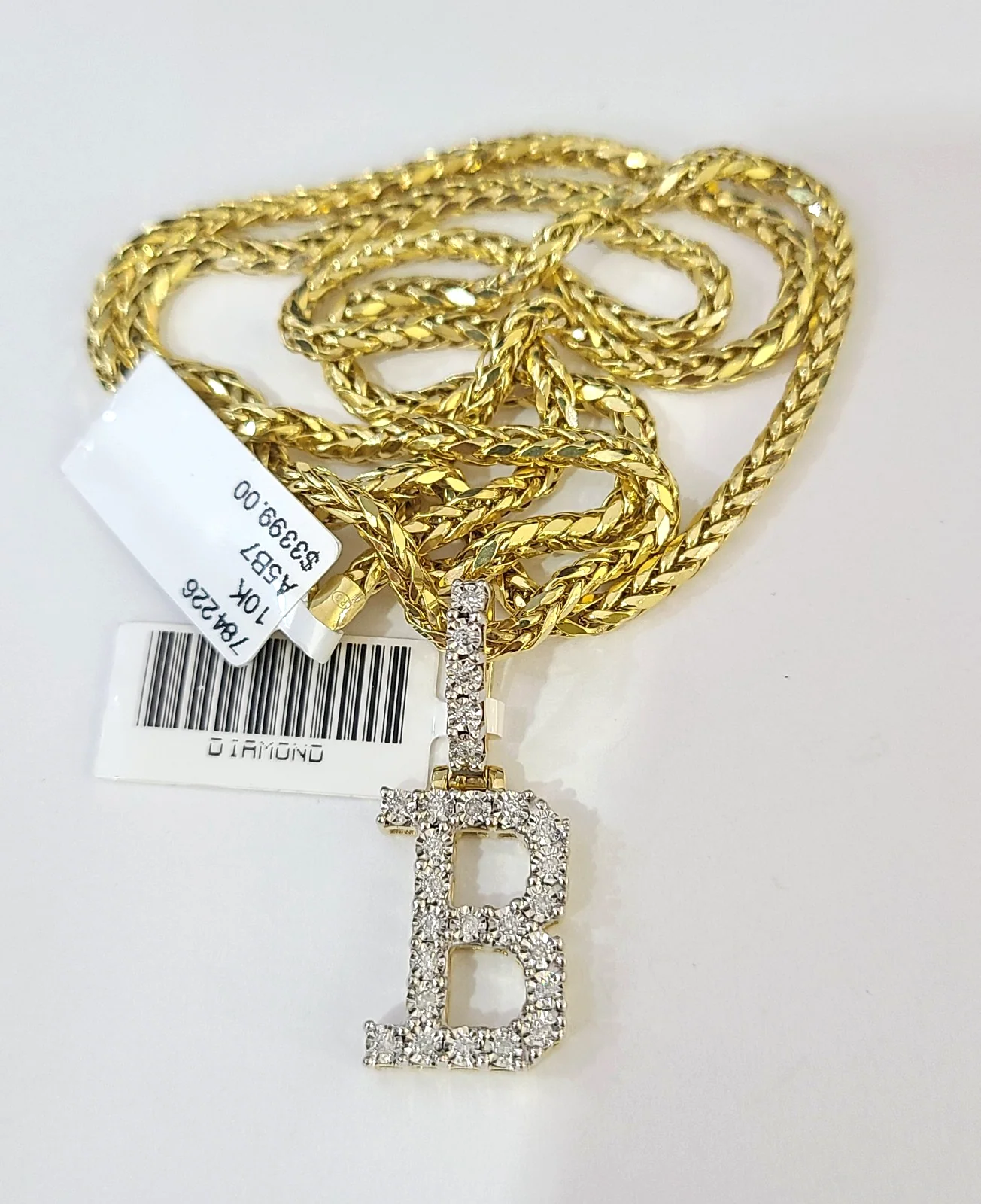 REAL 10k Yellow Gold Palm Chain B Diamond Initial Pendant Charm 3mm SET Necklace - Image 5