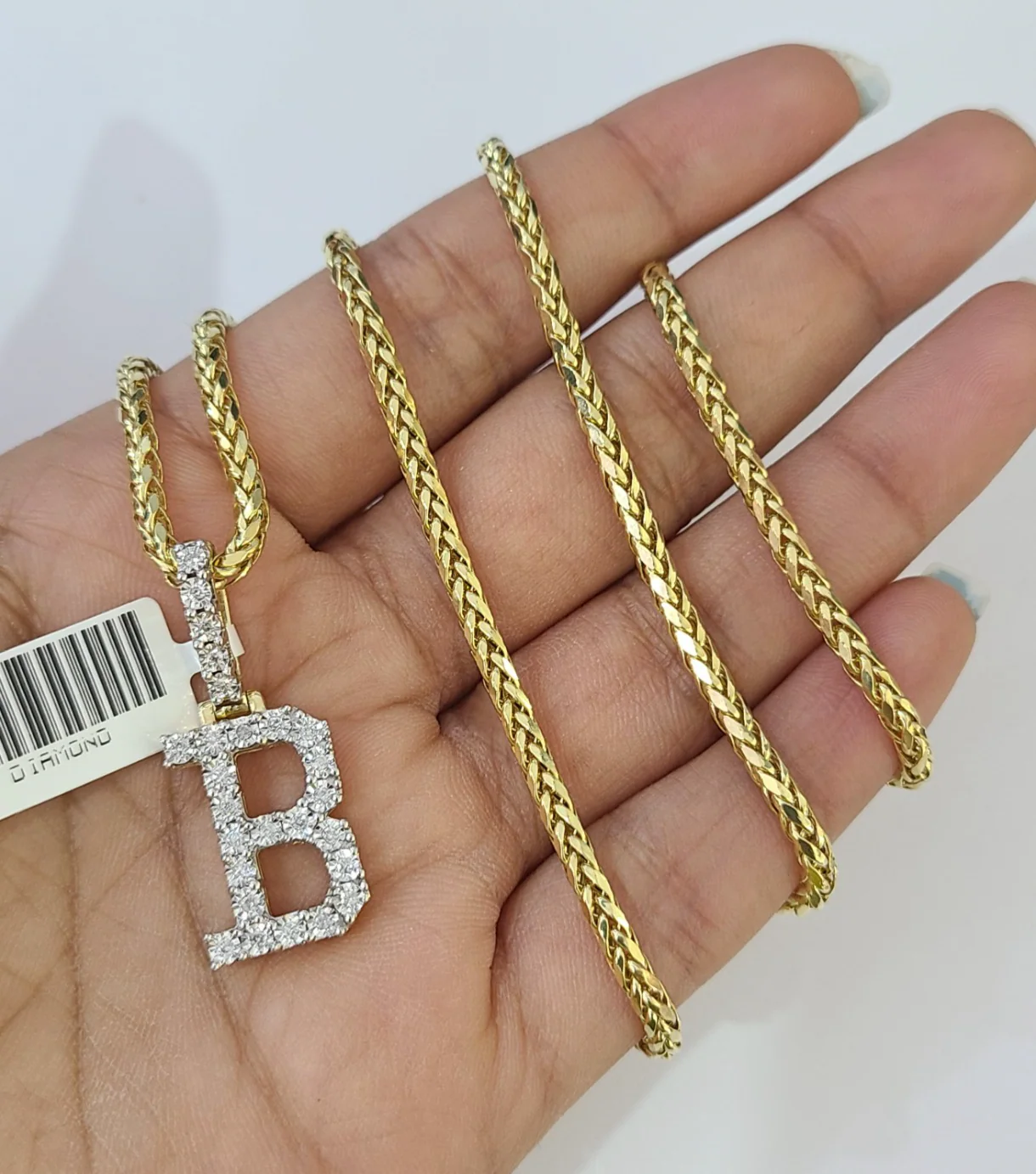 REAL 10k Yellow Gold Palm Chain B Diamond Initial Pendant Charm 3mm SET Necklace - Image 6