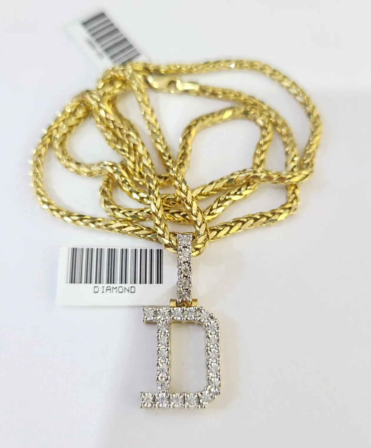 REAL 10k Yellow Gold Palm Chain D Diamond Initial Pendant SET 3mm Necklace - Image 5