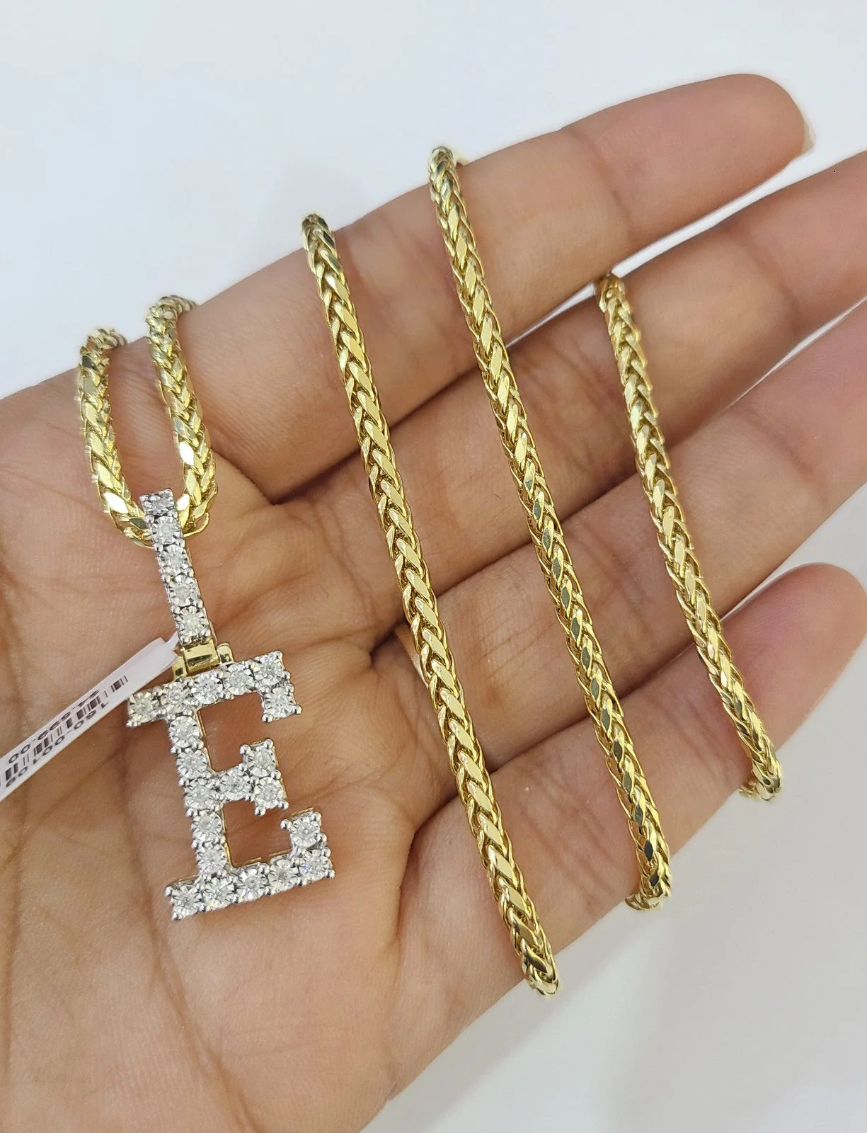 REAL 10k Yellow Gold Palm Chain E Diamond Initial Pendant Charm 3mm SET Necklace - Image 3