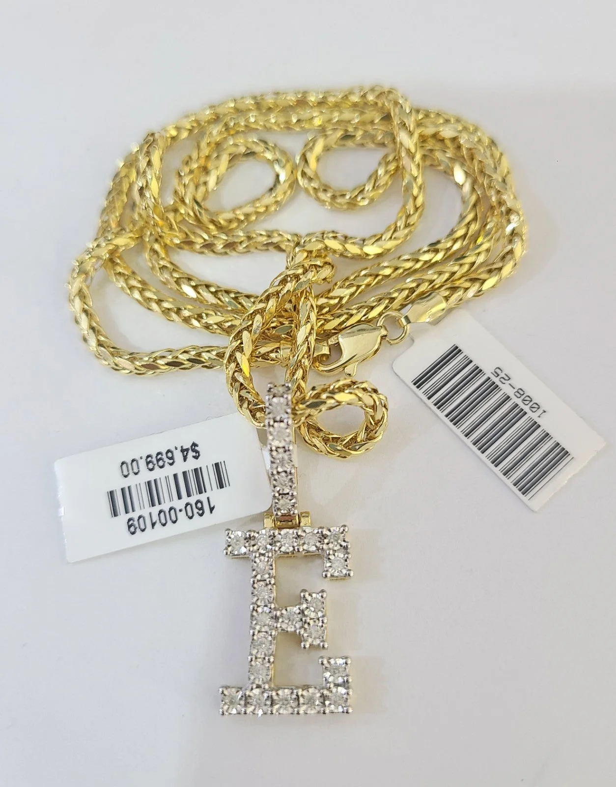 REAL 10k Yellow Gold Palm Chain E Diamond Initial Pendant Charm 3mm SET Necklace - Image 7