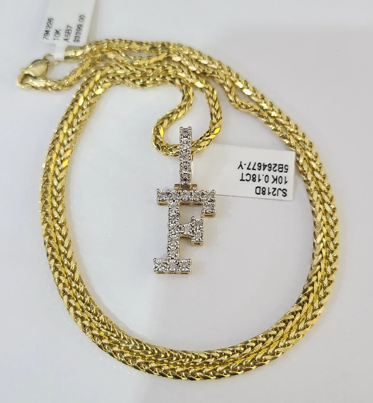 REAL 10k Yellow Gold Palm Chain F Diamond Initial Pendant Charm 3mm SET Necklace - Image 3