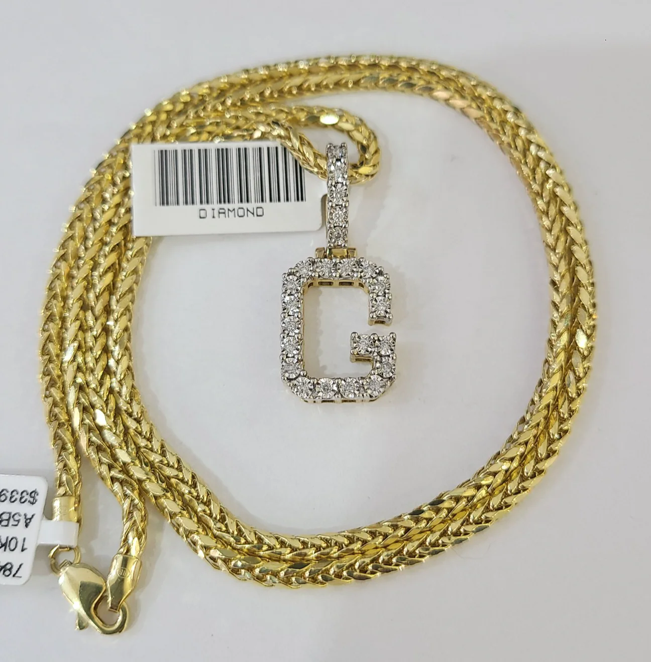 REAL 10k Yellow Gold Palm Chain G Diamond Initial Pendant Charm 3mm SET Necklace - Image 4