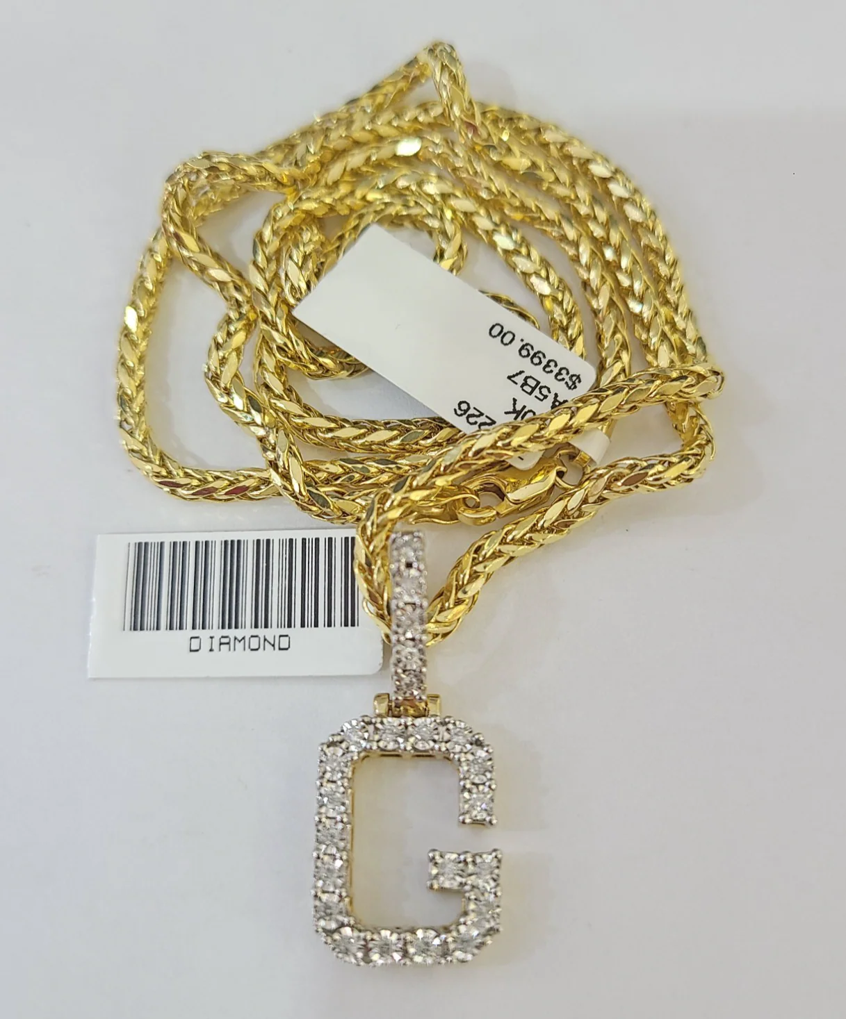 REAL 10k Yellow Gold Palm Chain G Diamond Initial Pendant Charm 3mm SET Necklace - Image 6