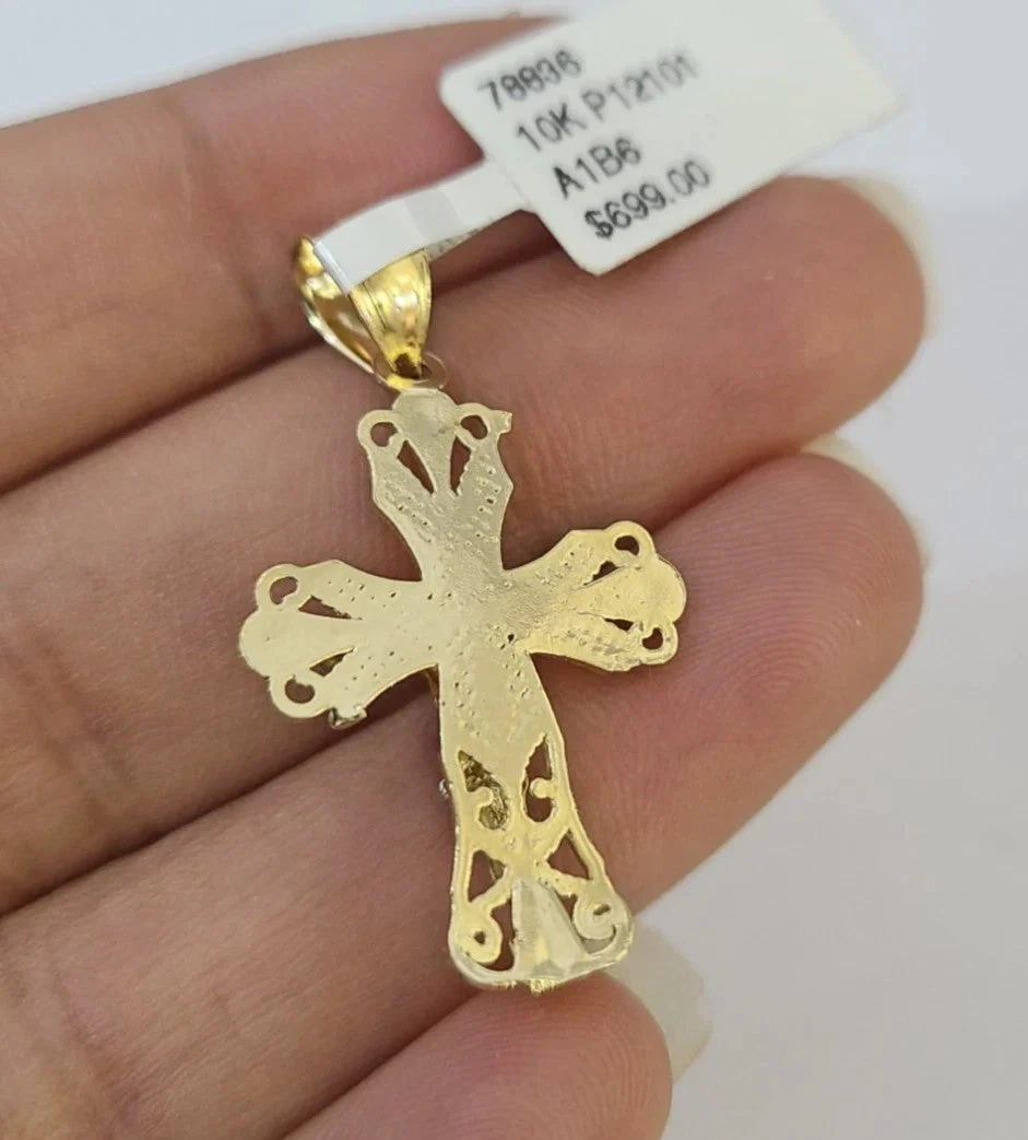 REAL 10k Yellow Gold Palm Chain Jesus Cross Pendant Charm 3mm Necklace - Image 7