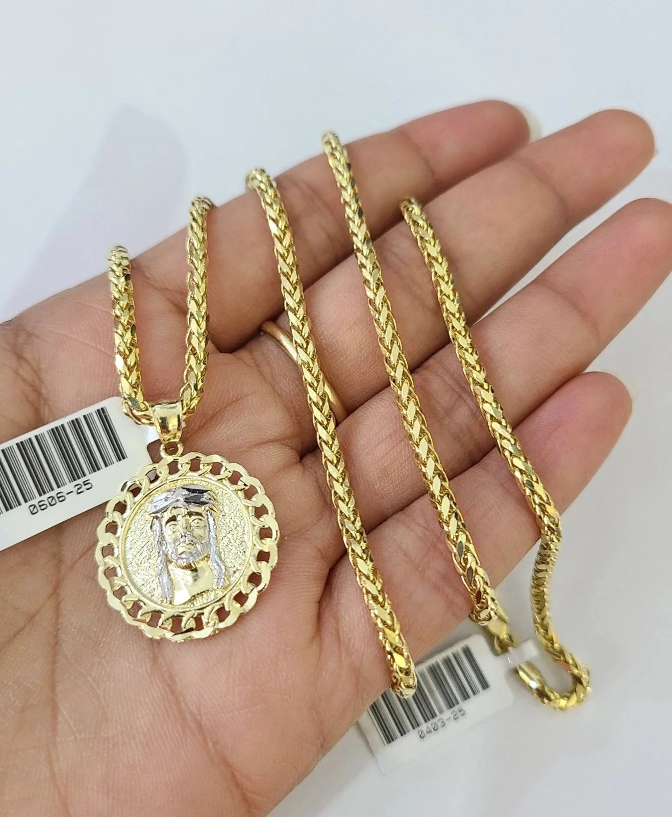 REAL 10k Yellow Gold Palm Chain Jesus Head Pendant Charm 3mm Necklace - Image 3