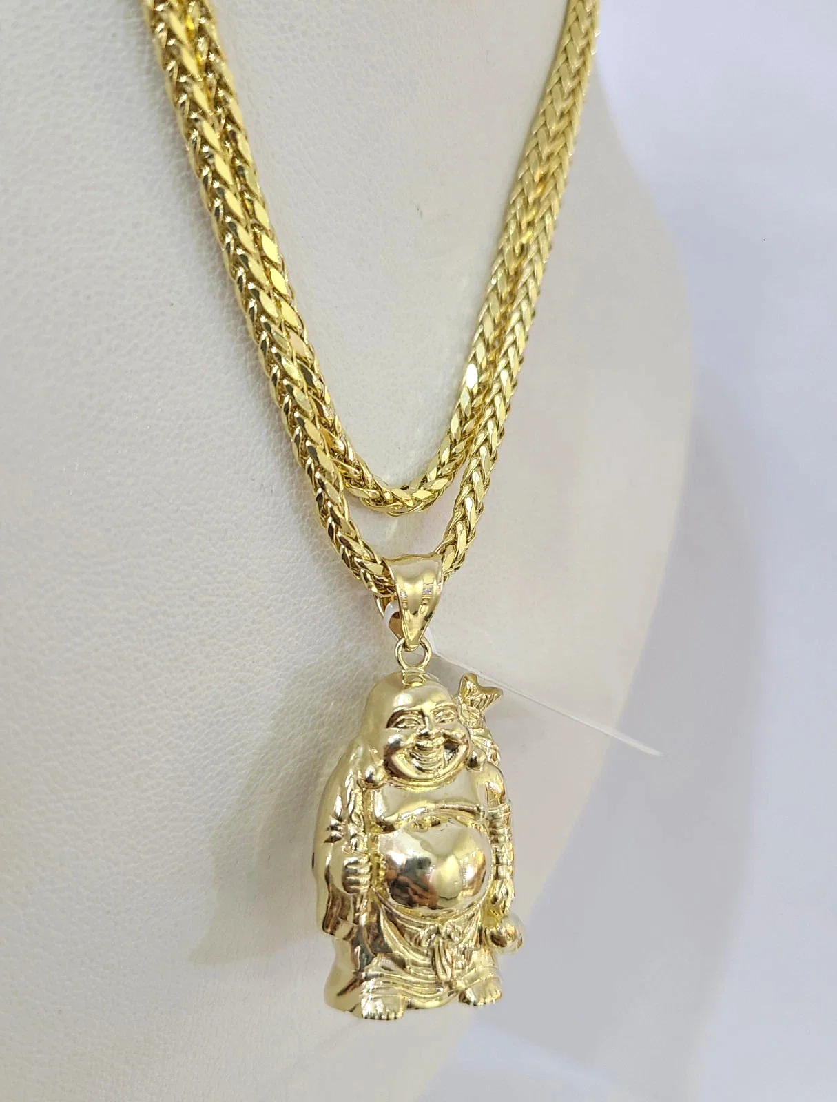 REAL 10k Yellow Gold Palm Chain Laughing Buddha Pendant Charm 3mm Necklace SET - Image 5