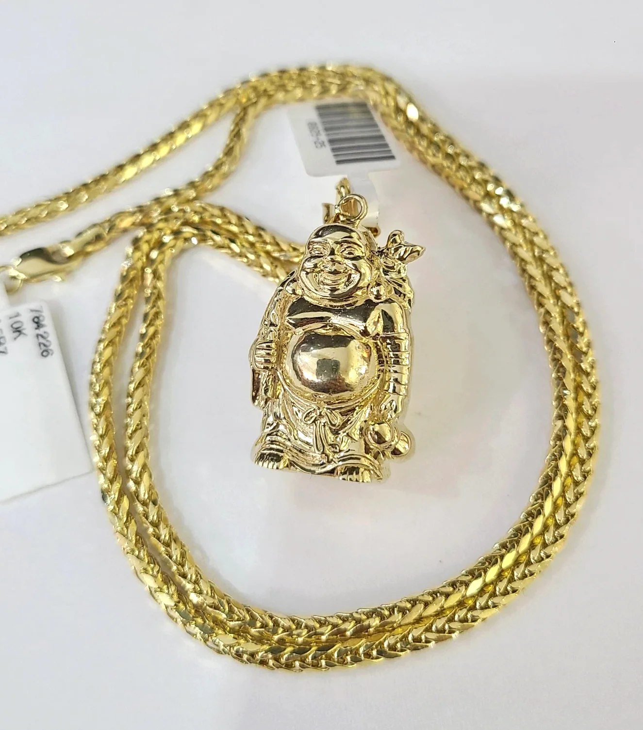 REAL 10k Yellow Gold Palm Chain Laughing Buddha Pendant Charm 3mm Necklace SET - Image 6