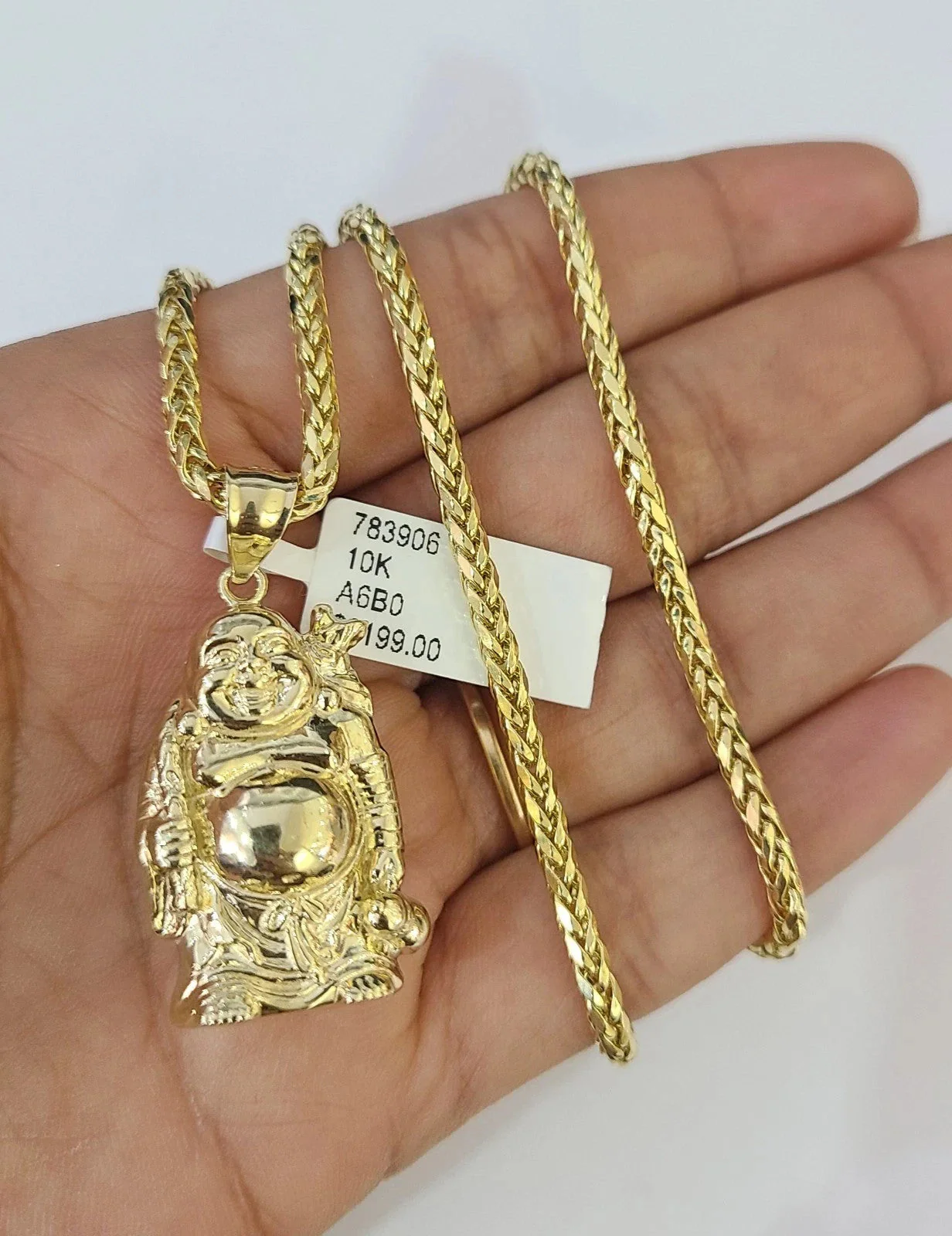REAL 10k Yellow Gold Palm Chain Laughing Buddha Pendant Charm 3mm Necklace SET - Image 7