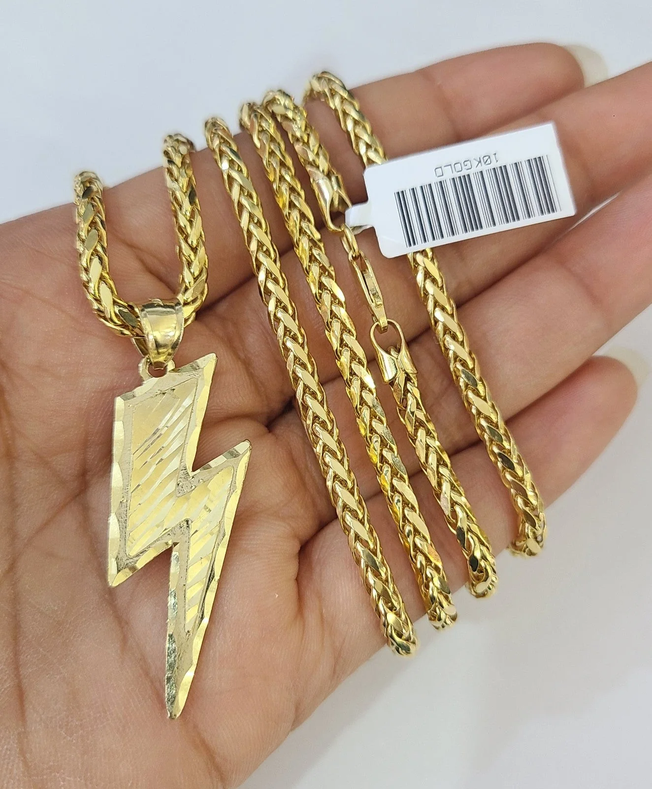 REAL 10k Yellow Gold Palm Chain Lightning Bolt Pendant Charm 3mm SET Necklace - Image 3